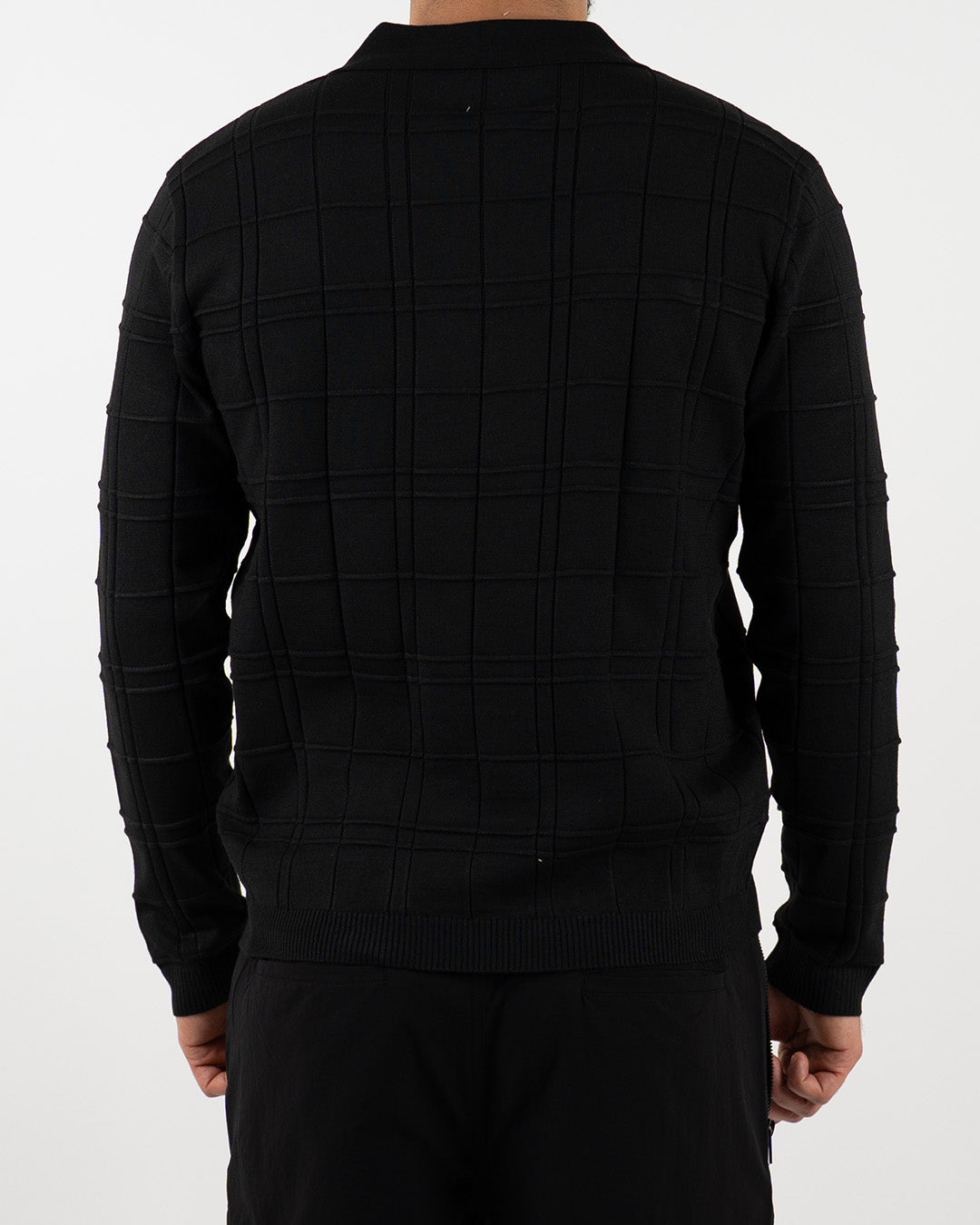 Black Textured Check Quarter Zip Polo
