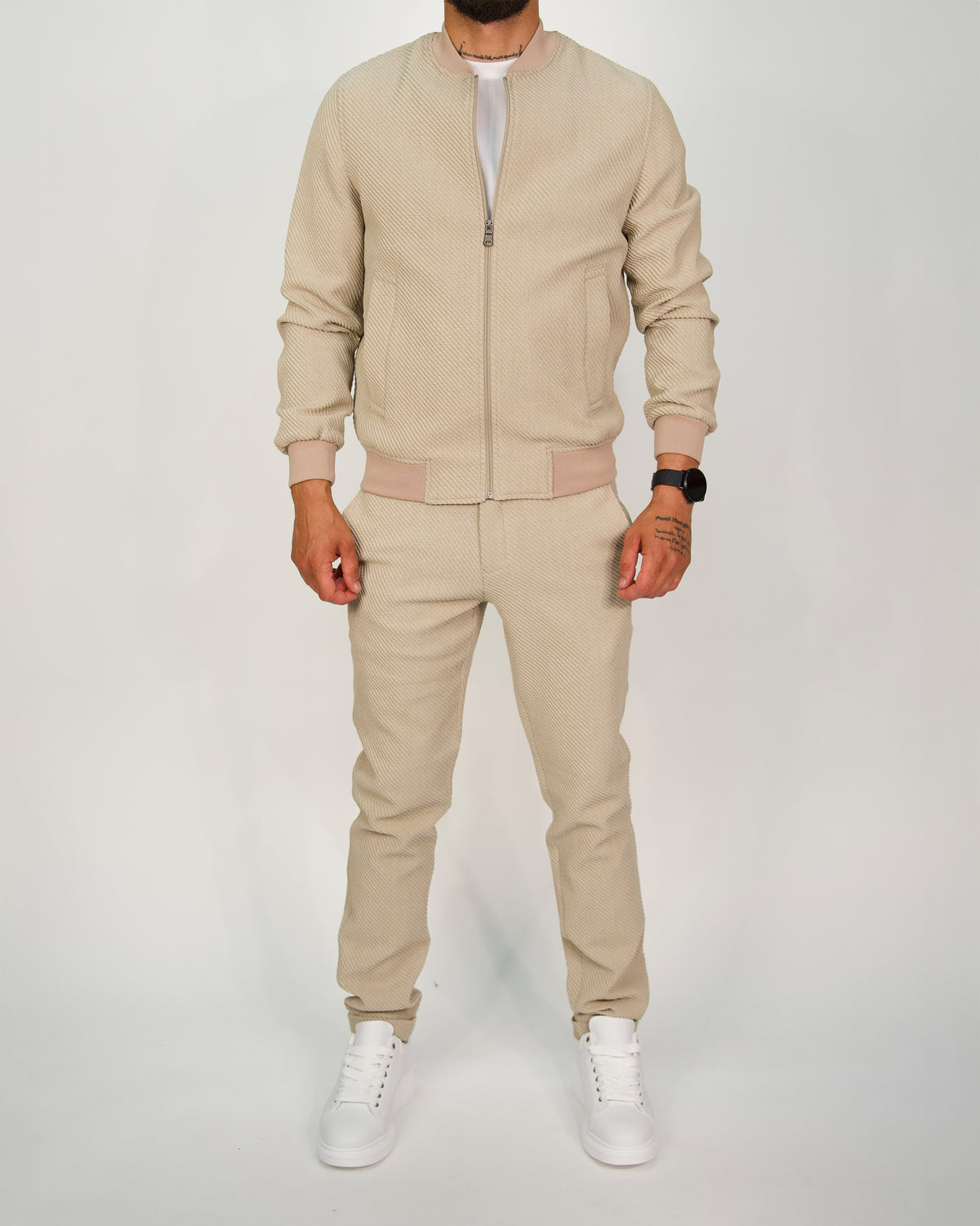 Beige Ribbed Zip-Up Tracksuit