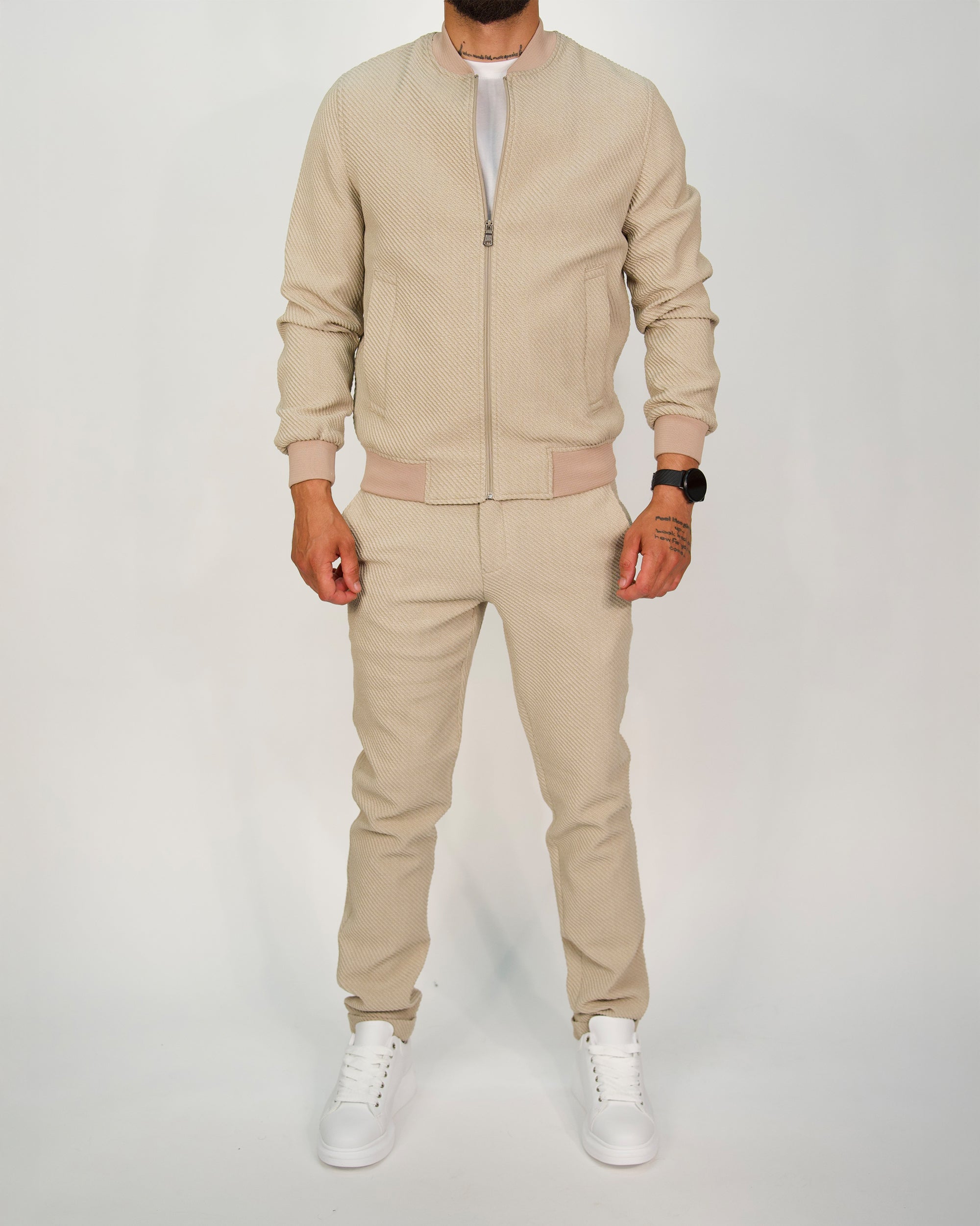 Beige Ribbed Zip-Up Tracksuit