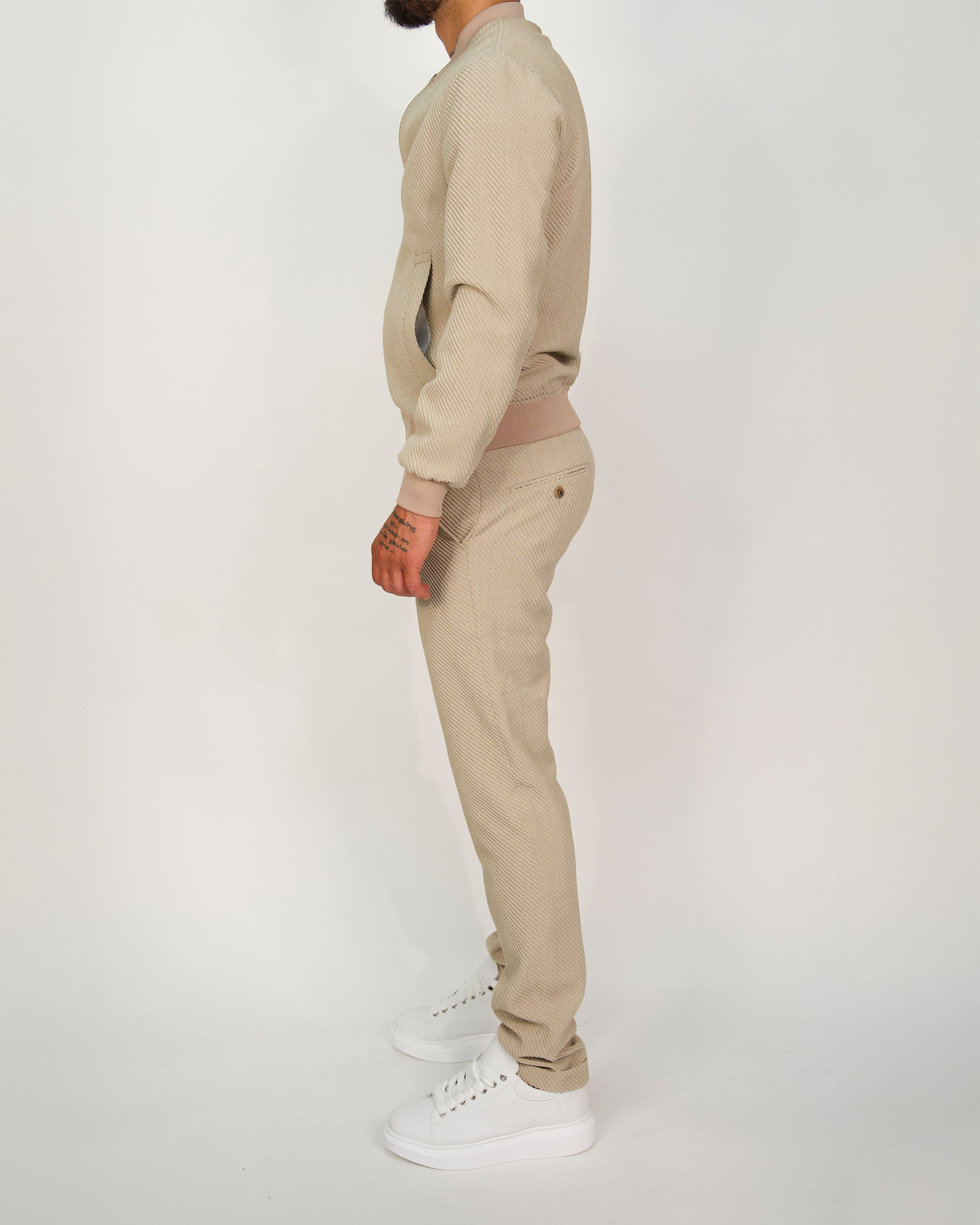 Beige Ribbed Zip-Up Tracksuit