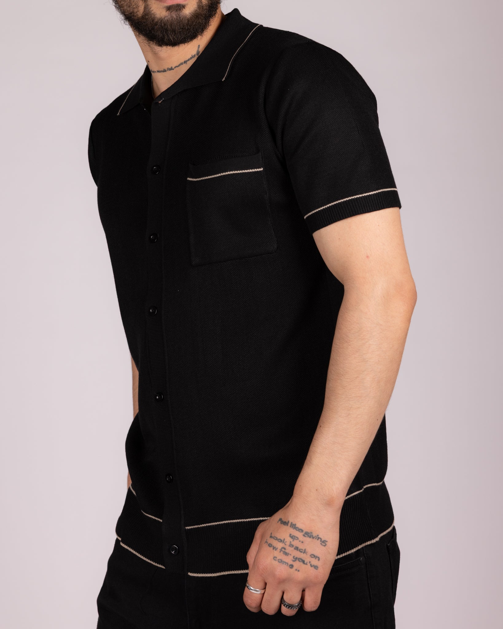 Knit Button-Up Shirt with Contrast Piping