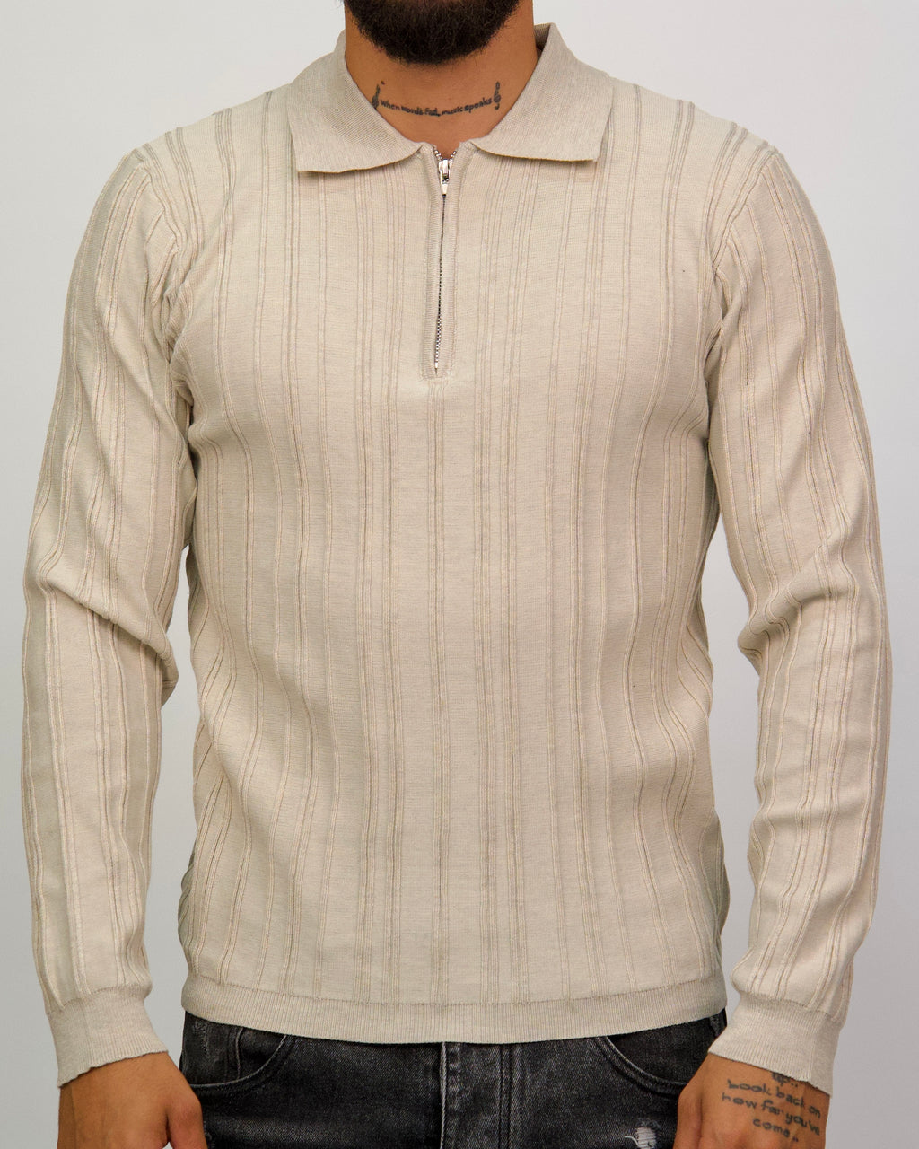 Ribbed Knit Quarter-Zip Polo Sweater