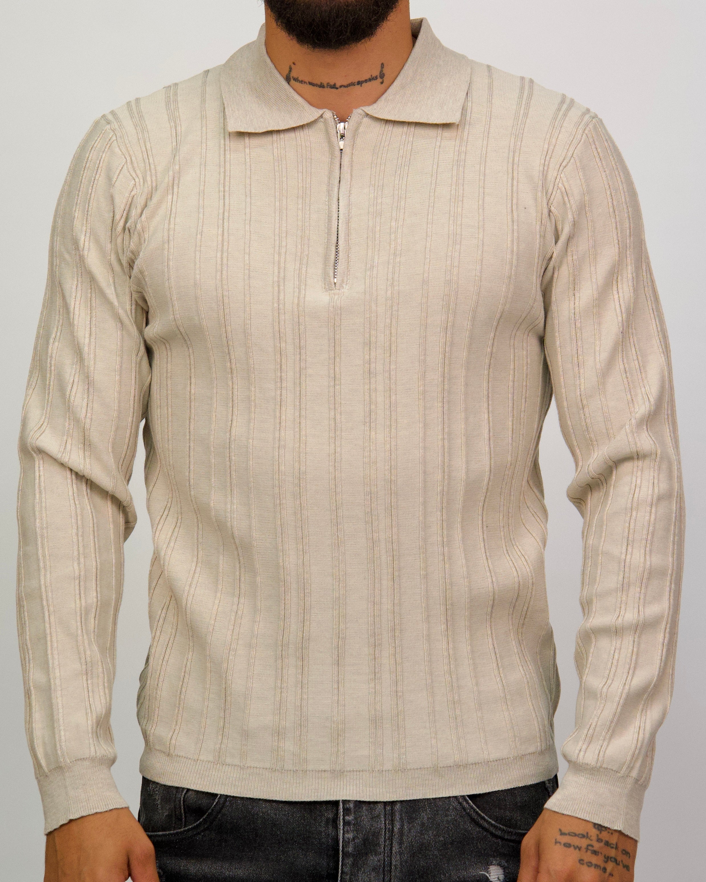 Ribbed Knit Quarter-Zip Polo Sweater