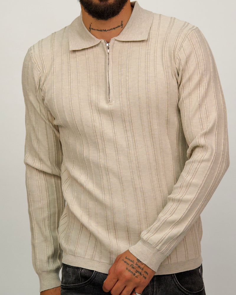 Ribbed Knit Quarter-Zip Polo Sweater
