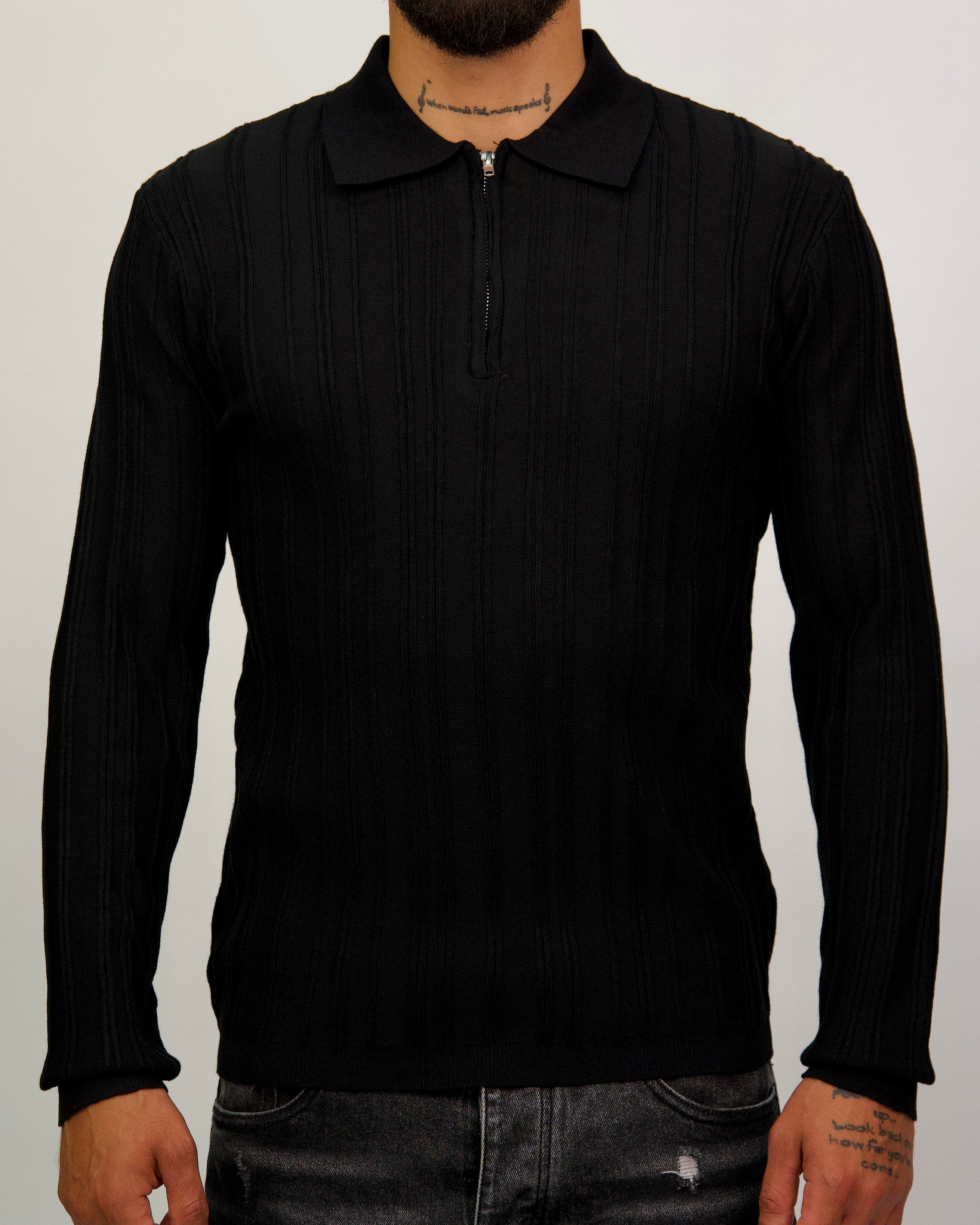 Ribbed Knit Quarter-Zip Polo Sweater