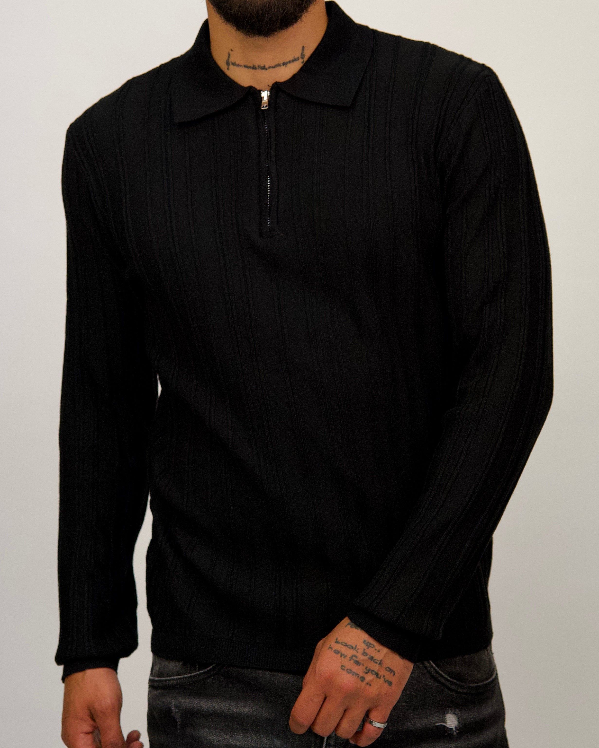 Ribbed Knit Quarter-Zip Polo Sweater