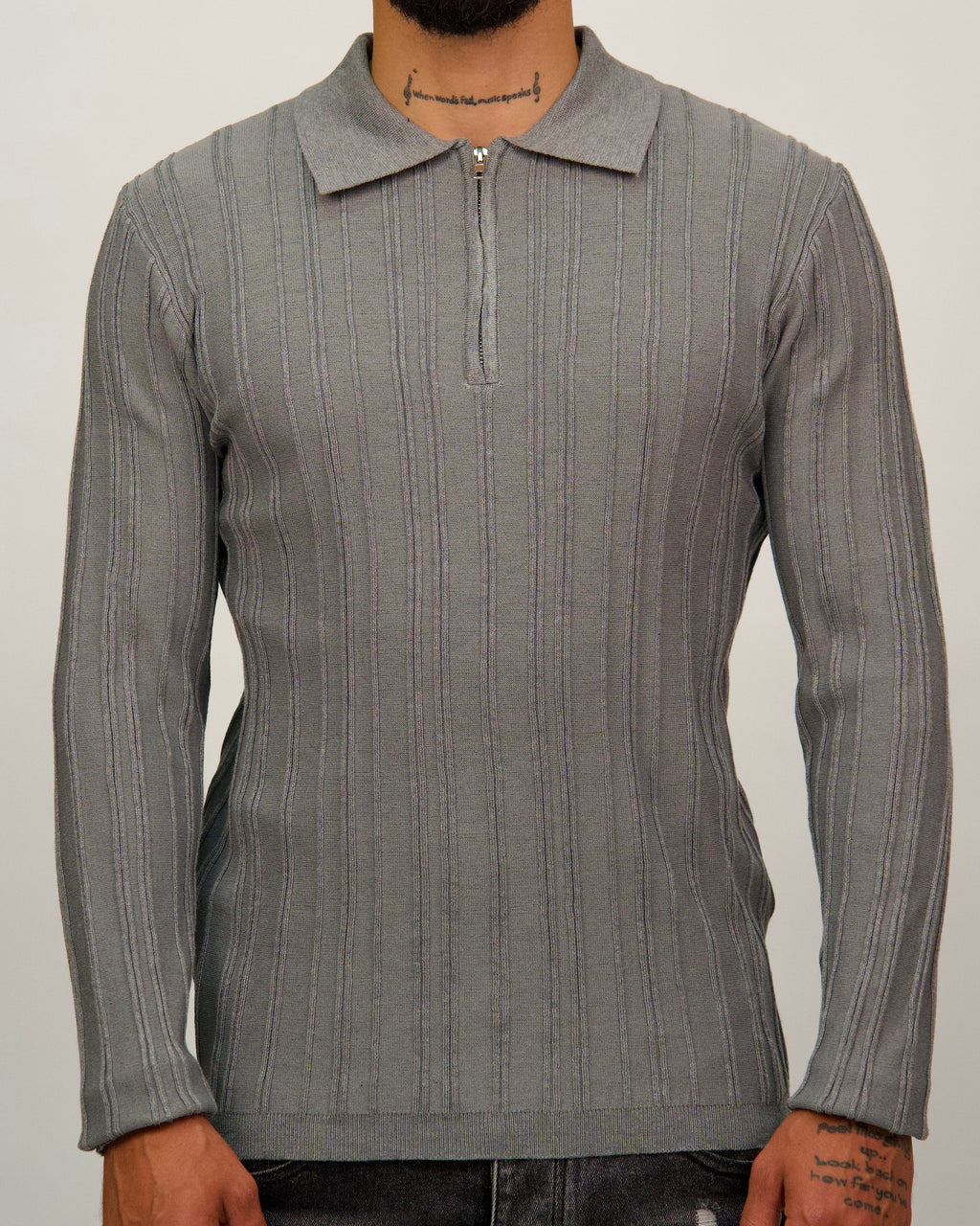Ribbed Knit Quarter-Zip Polo Sweater