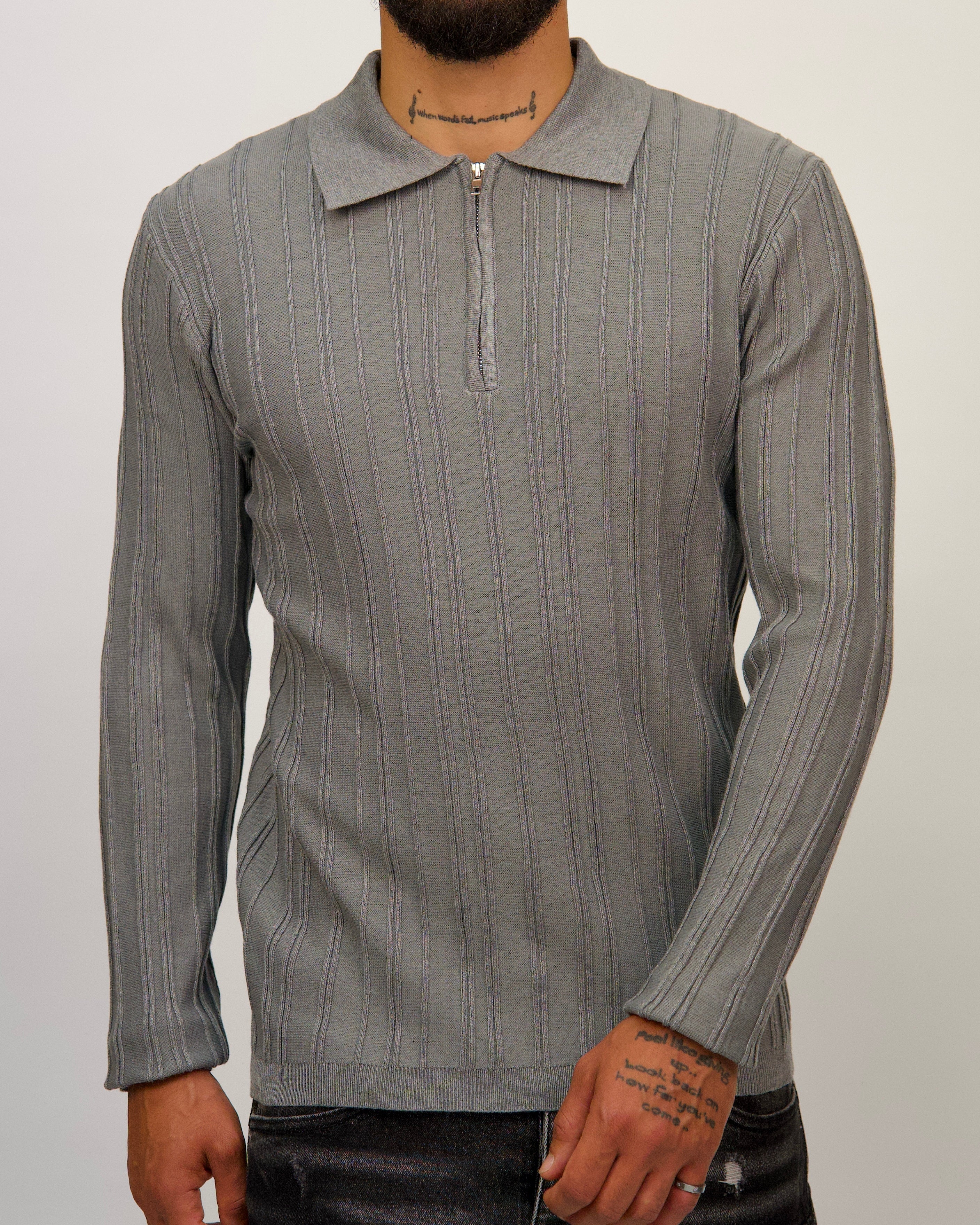 Ribbed Knit Quarter-Zip Polo Sweater