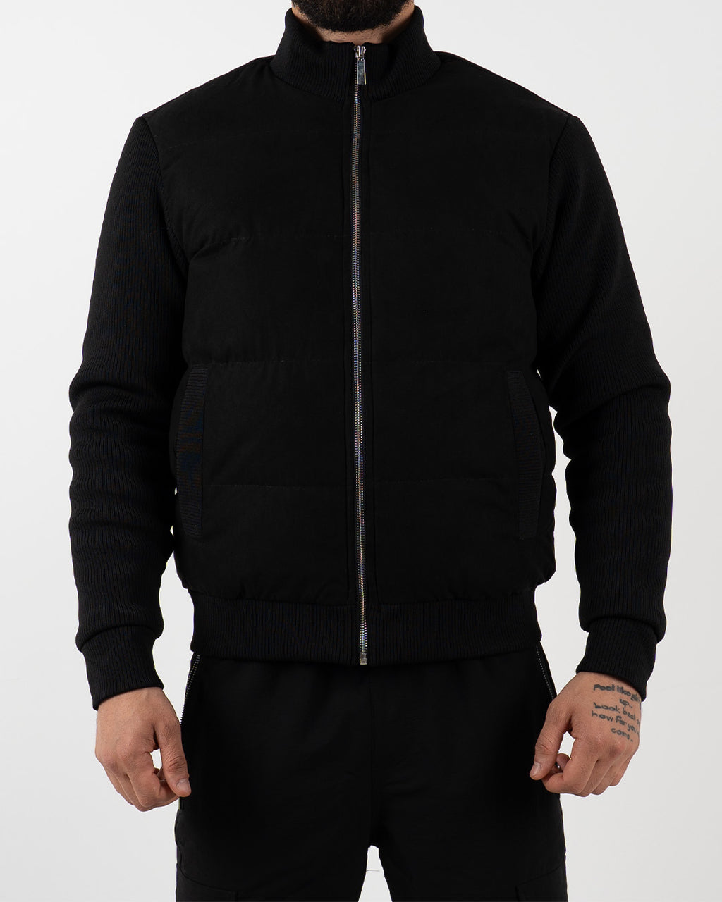 Black Padded Knit Sleeve Jacket