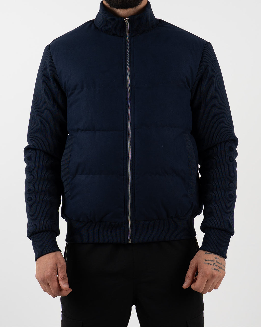Navy Padded Knit Sleeve Jacket