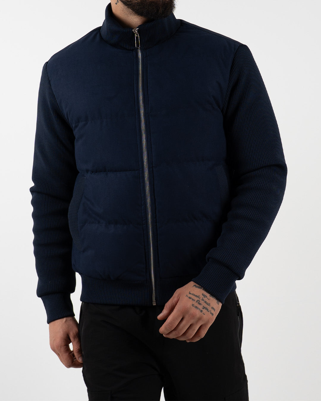 Navy Padded Knit Sleeve Jacket