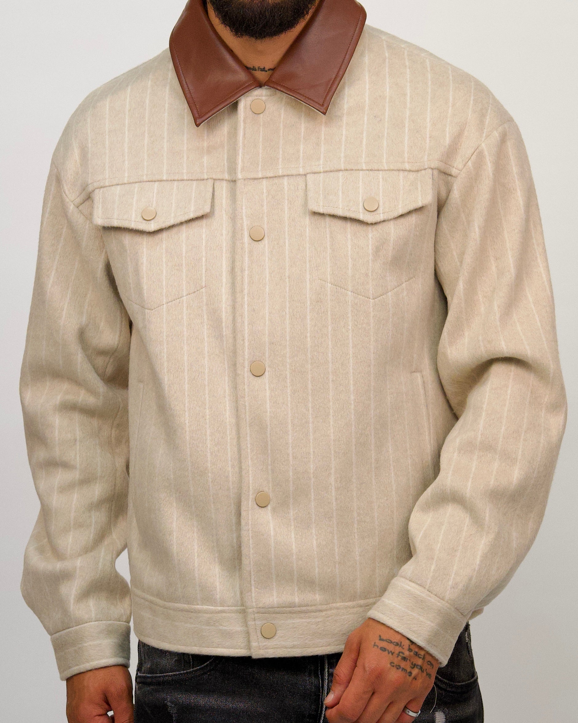 Wool Blend Jacket with Contrast Faux Leather Collar