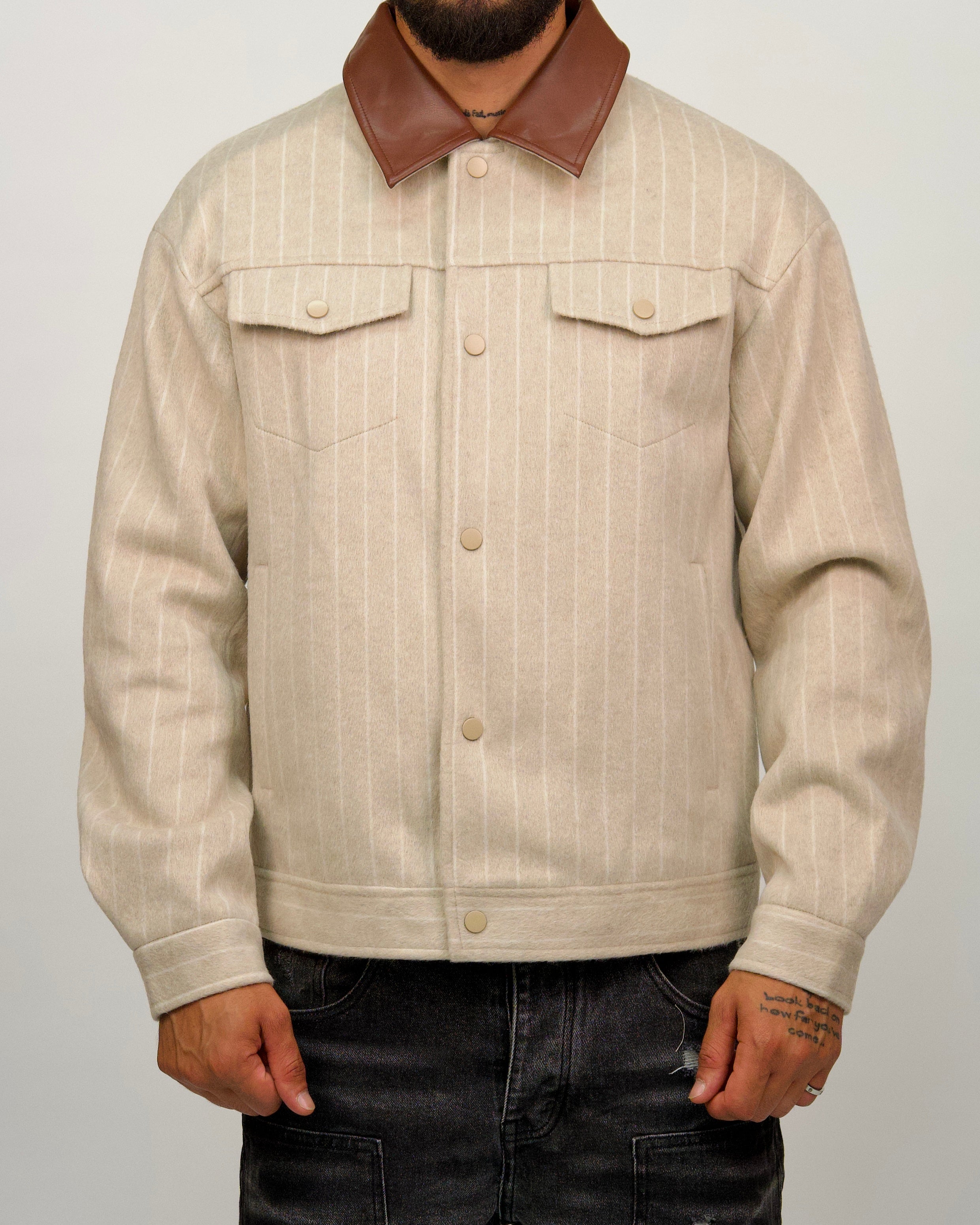 Wool Blend Jacket with Contrast Faux Leather Collar