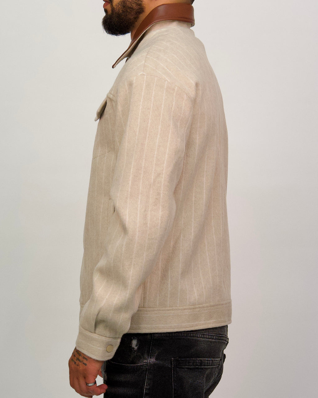 Wool Blend Jacket with Contrast Faux Leather Collar