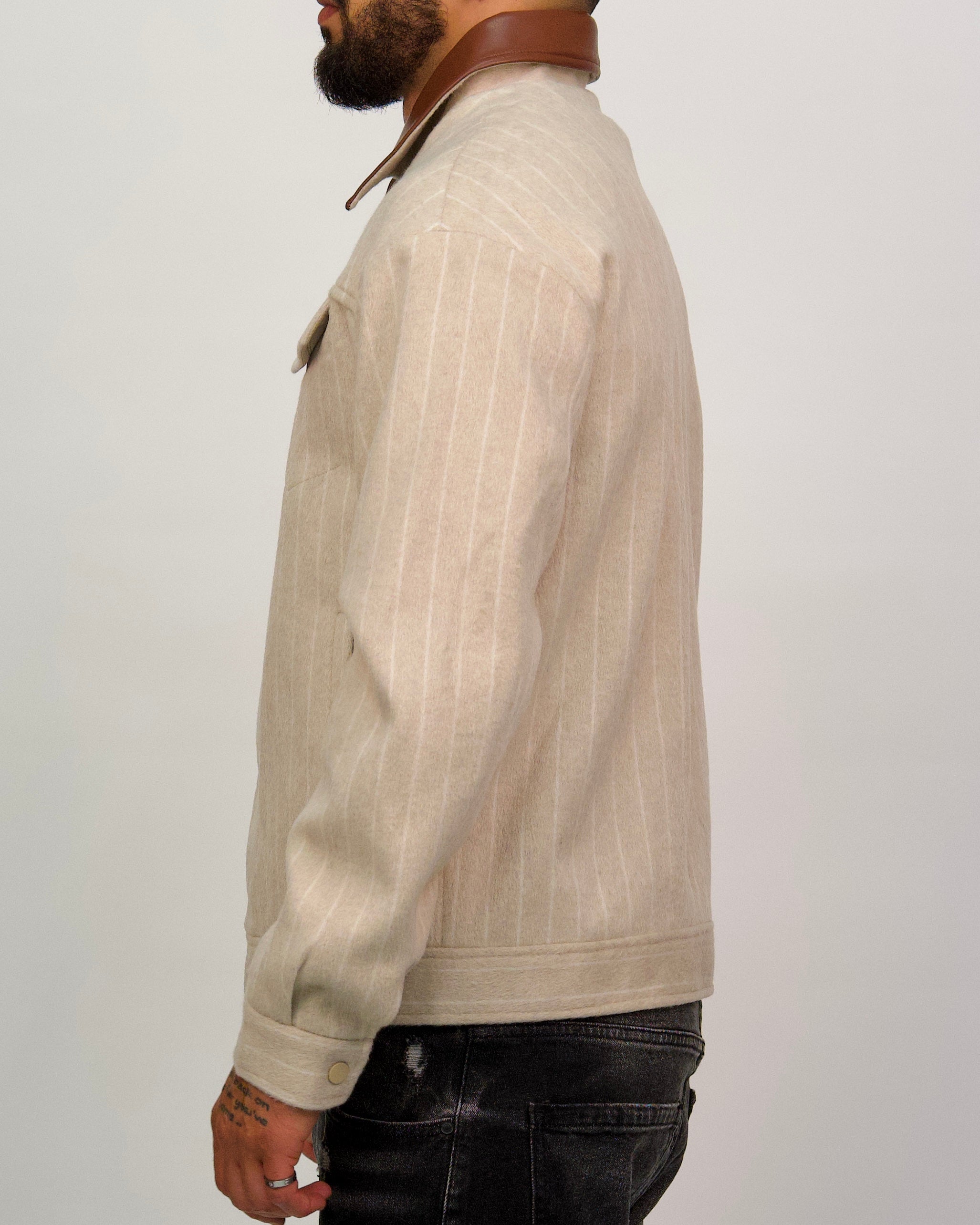 Wool Blend Jacket with Contrast Faux Leather Collar
