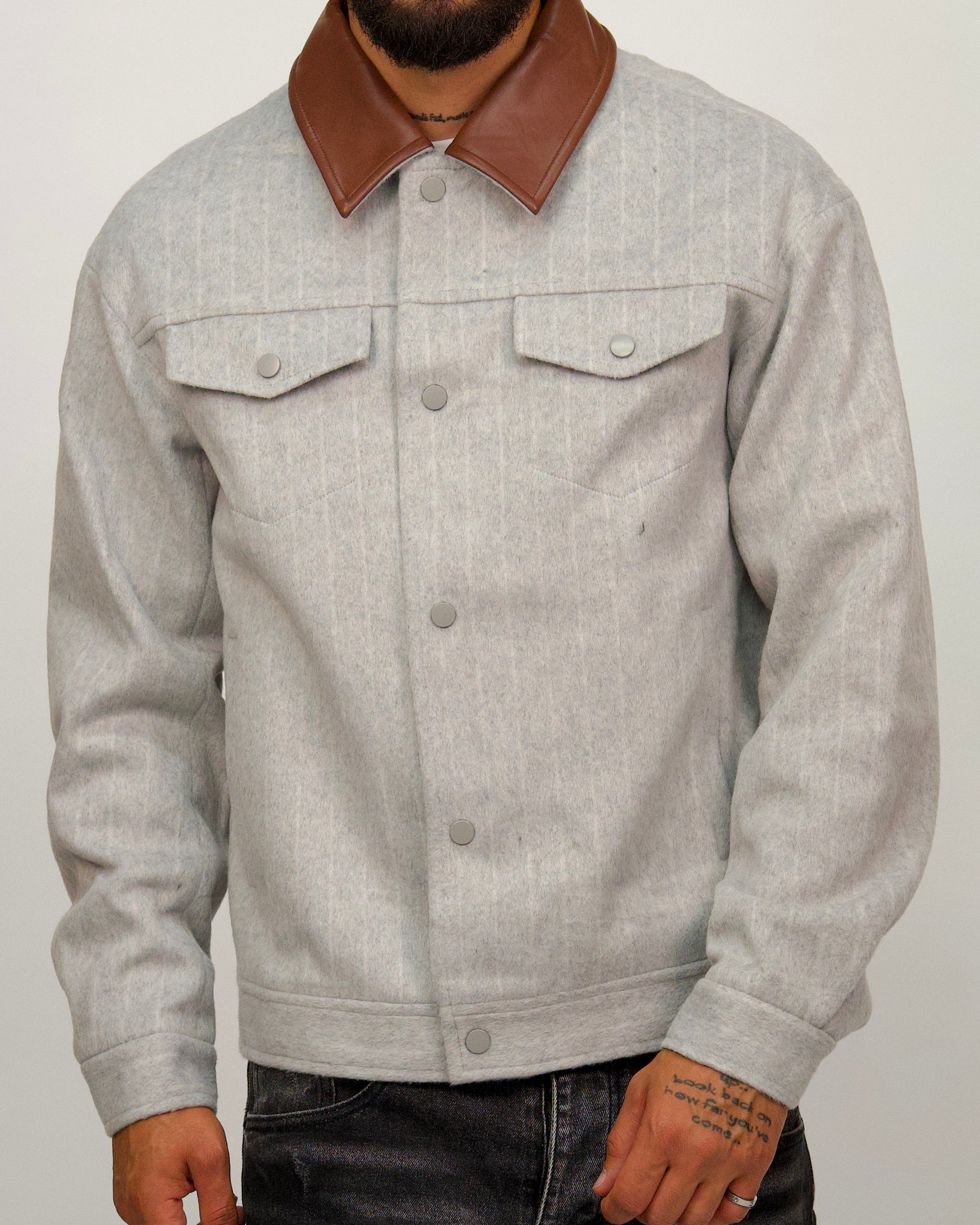 Wool Blend Jacket with Contrast Faux Leather Collar