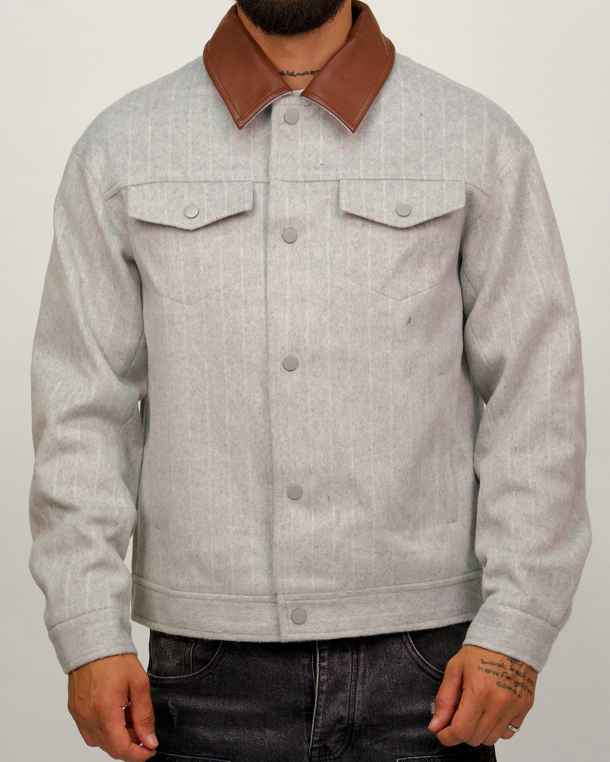 Wool Blend Jacket with Contrast Faux Leather Collar