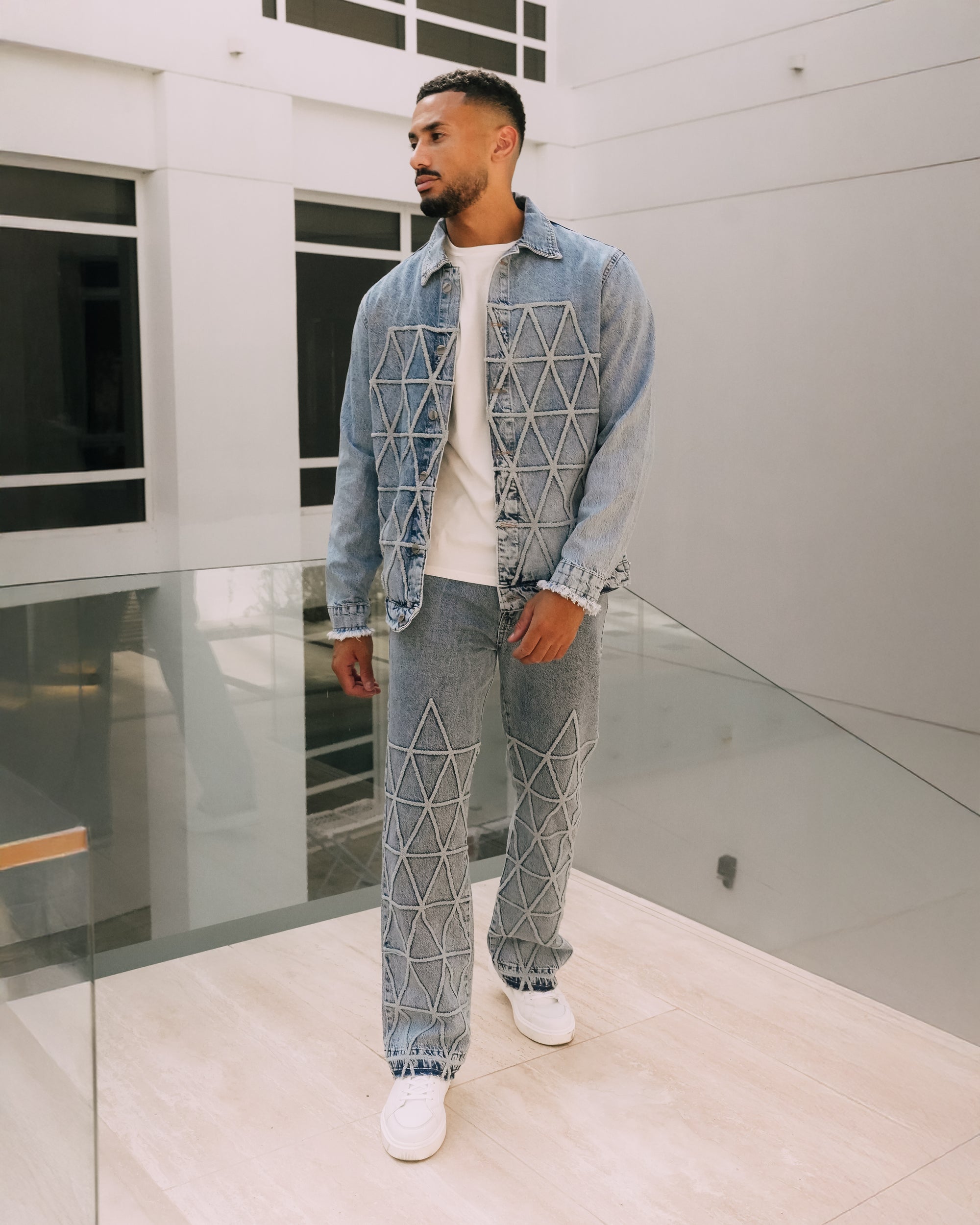 Geometric Stitch Blue Denim Jacket and Jeans Set