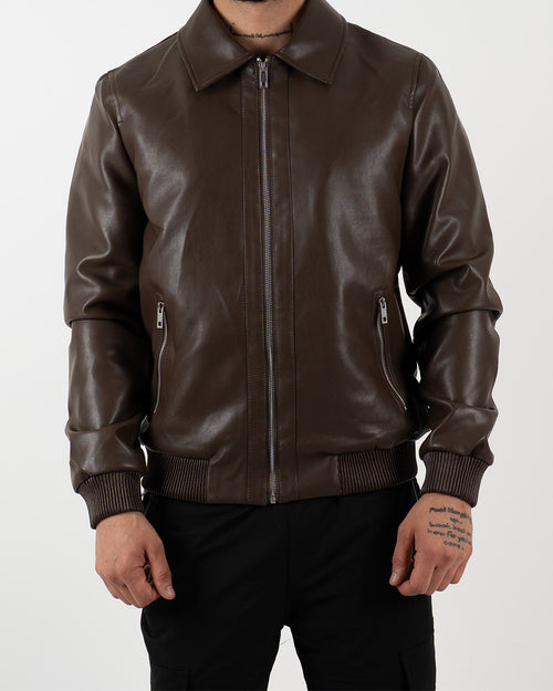 Brown Leather Bomber Jacket