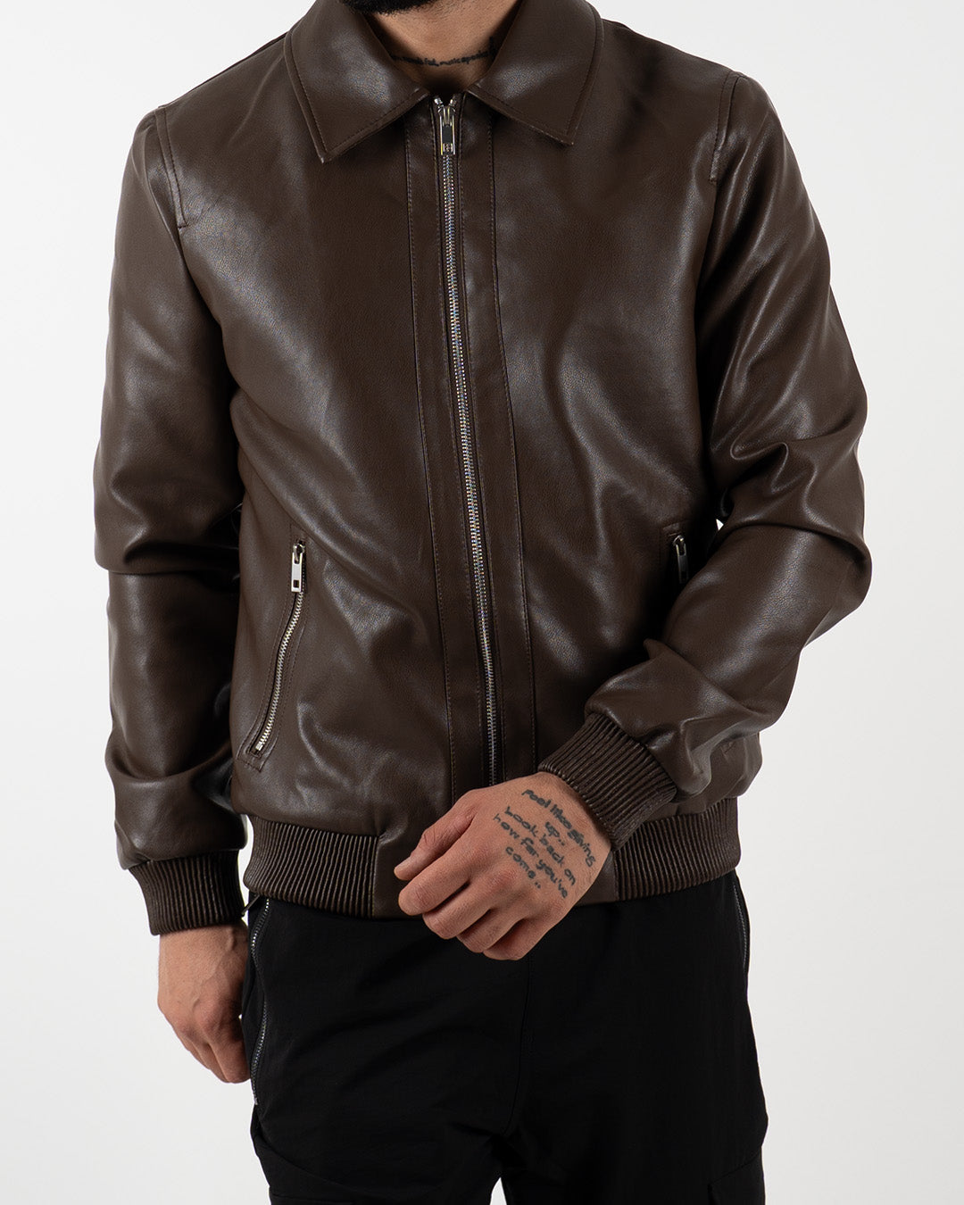Brown Leather Bomber Jacket