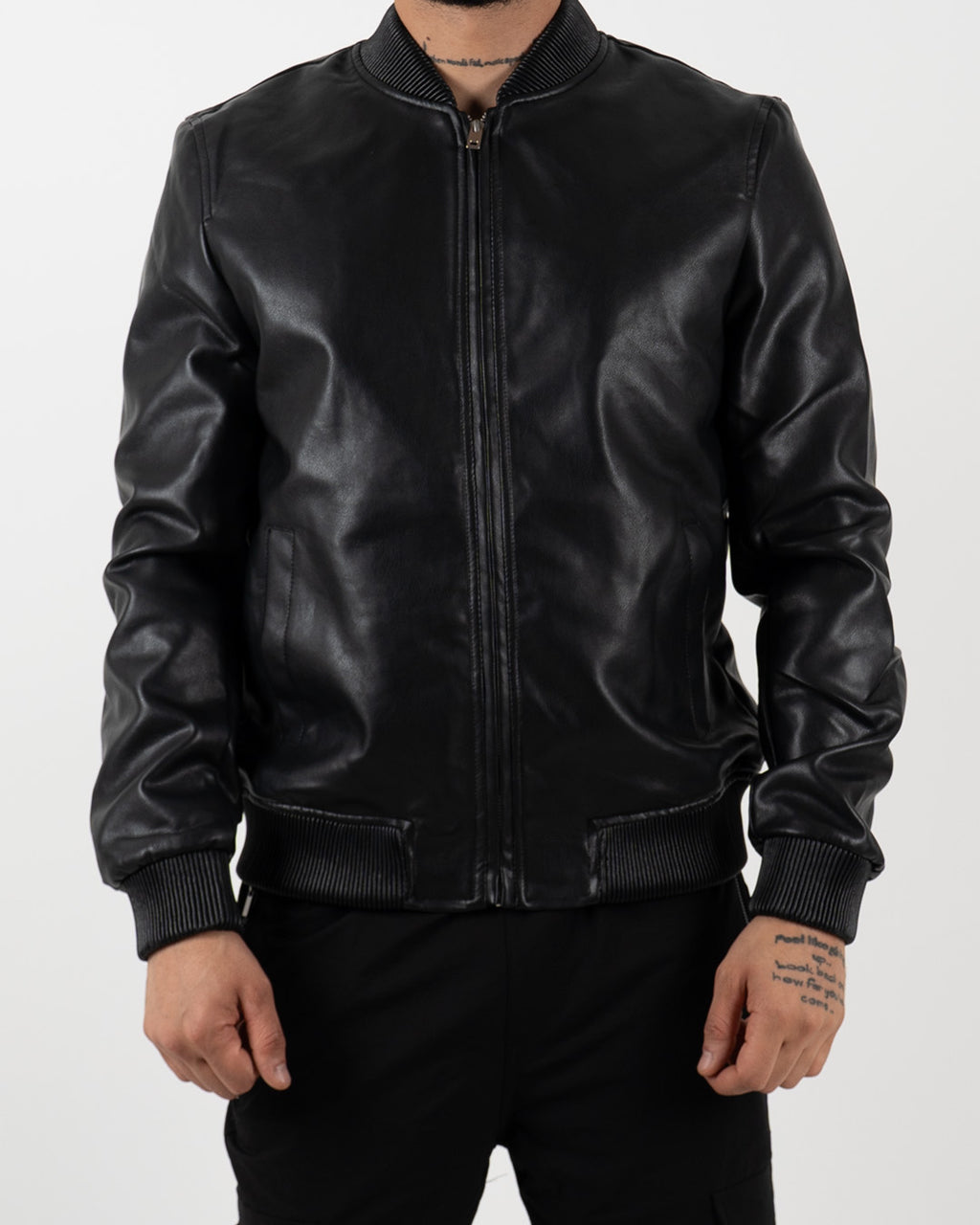 Black Leather Effect Bomber Jacket