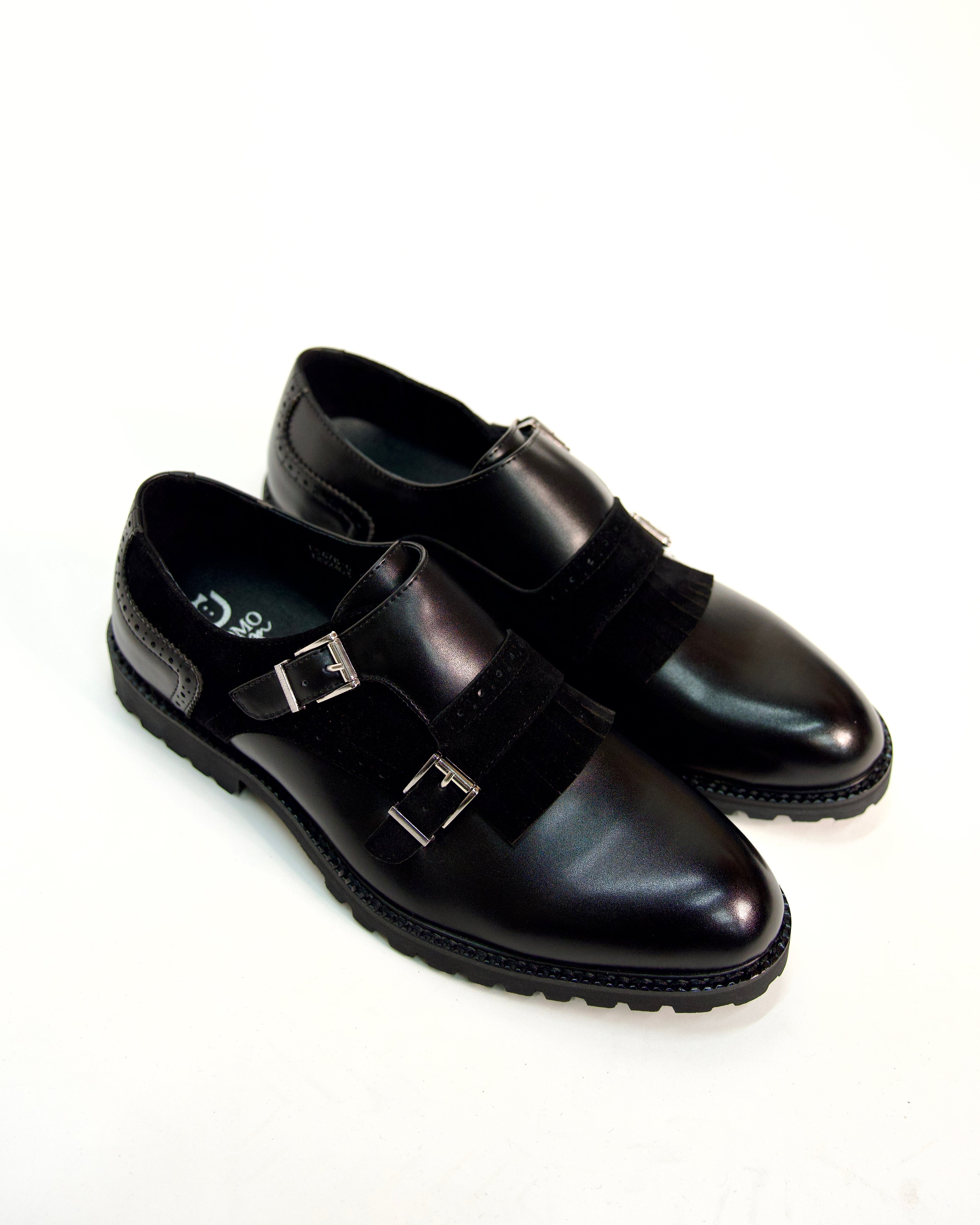 Leather Loafers with Suede Fringe and Double Monk Strap