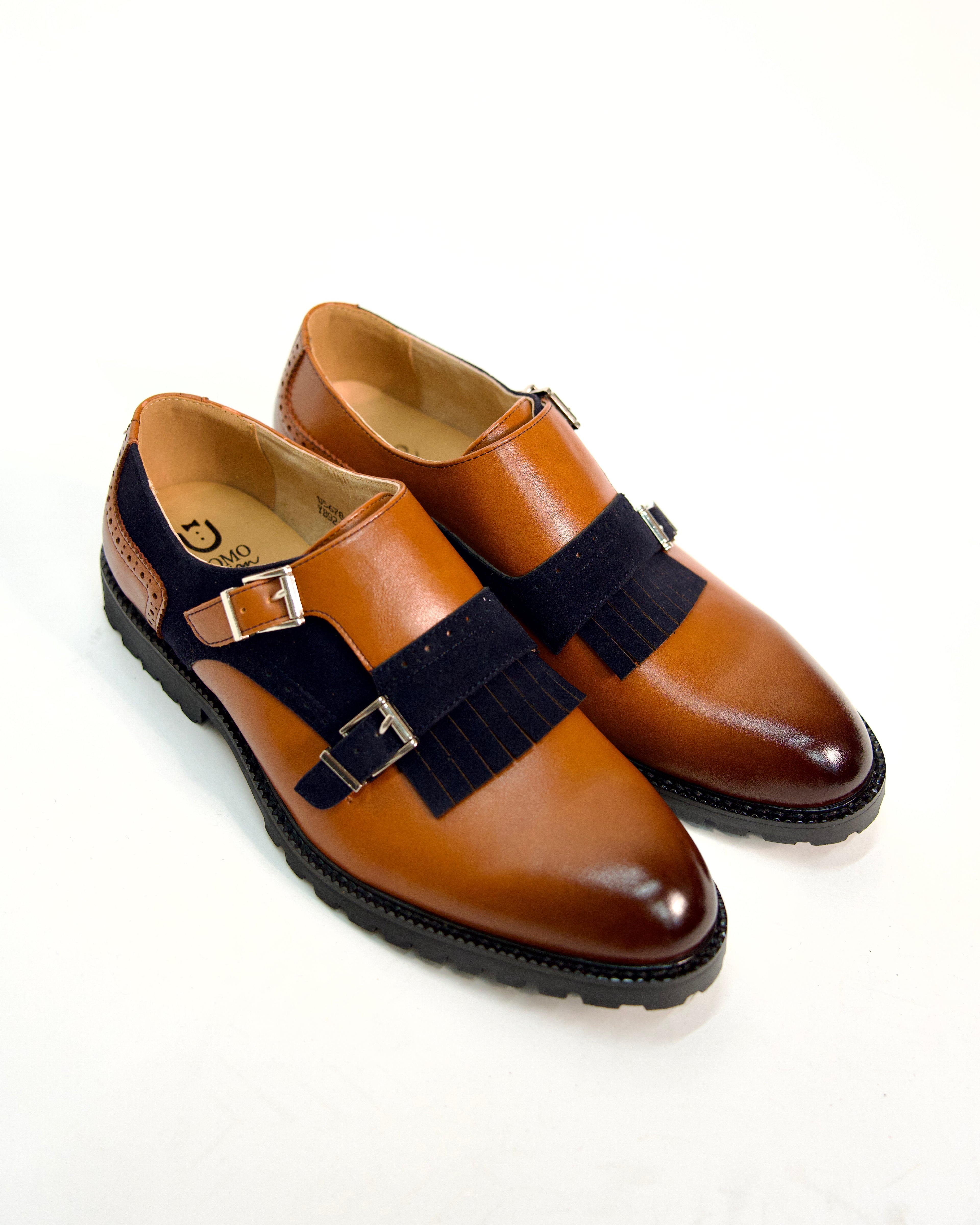 Leather Loafers with Suede Fringe and Double Monk Strap