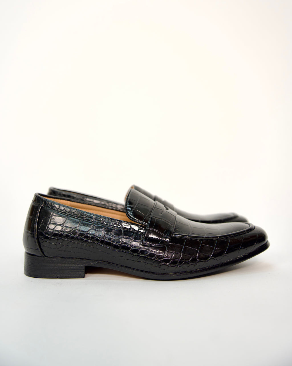 Black Crocodile-Embossed Leather Loafers