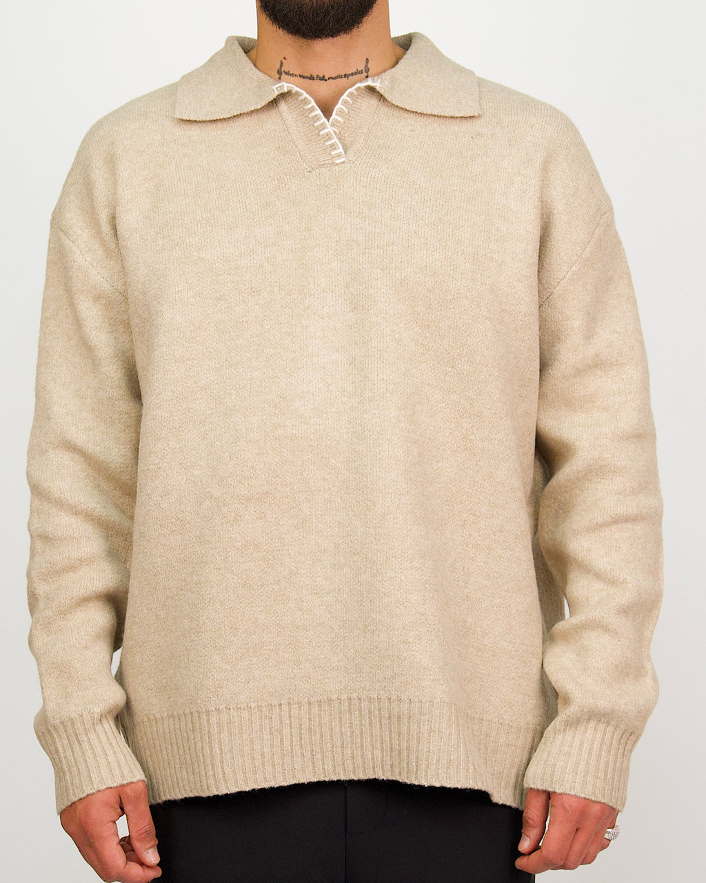 Beige Collar Knit Jumper with Stitch Detail