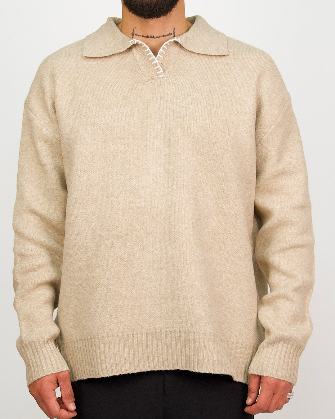 Beige Collar Knit Jumper with Stitch Detail