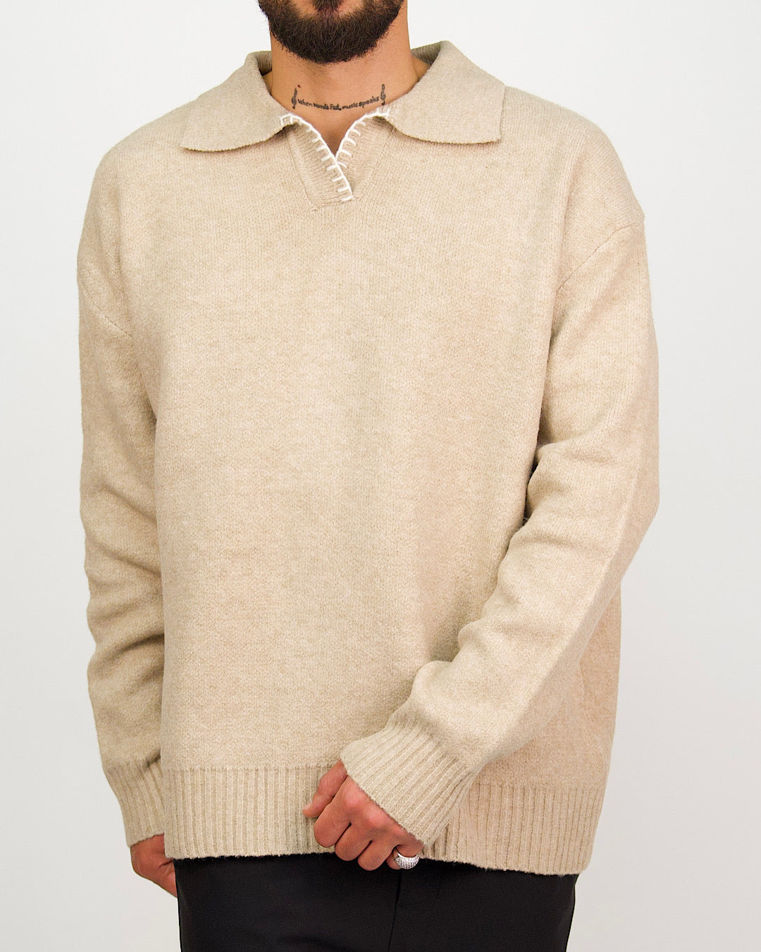 Beige Collar Knit Jumper with Stitch Detail