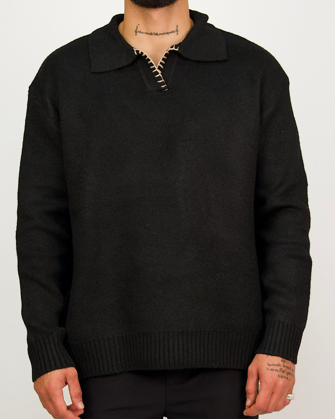 Black Collar Knit Jumper with Stitch Detail