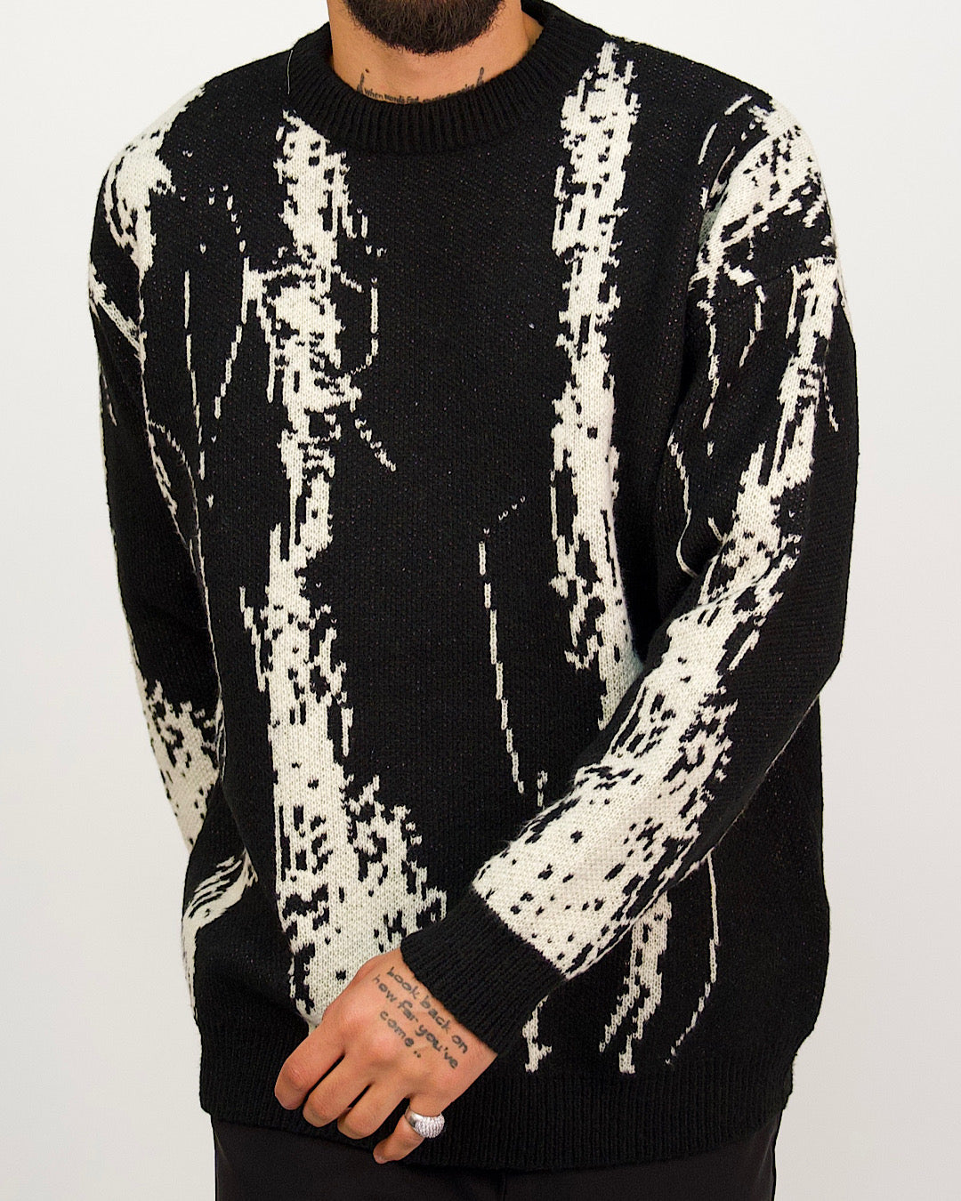 Black Oversized Knit Jumper with Cream Streak Design