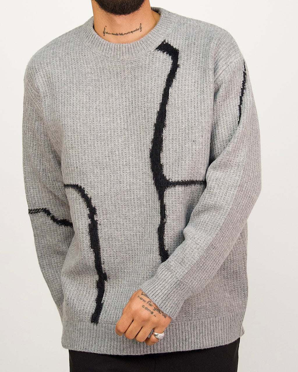 Grey Abstract Line Knit Jumper