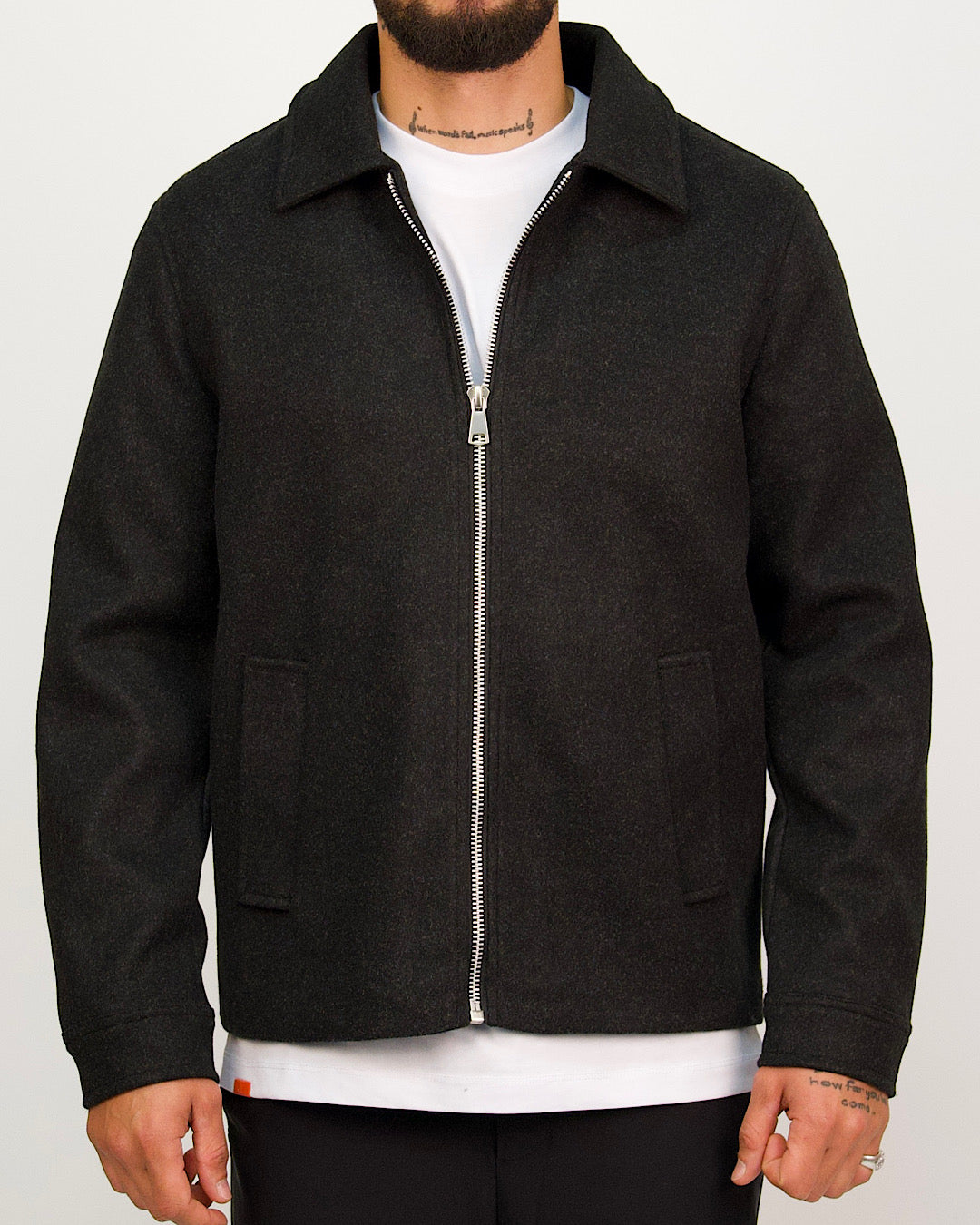 Textured Black Wool-Look Zip Up Jacket
