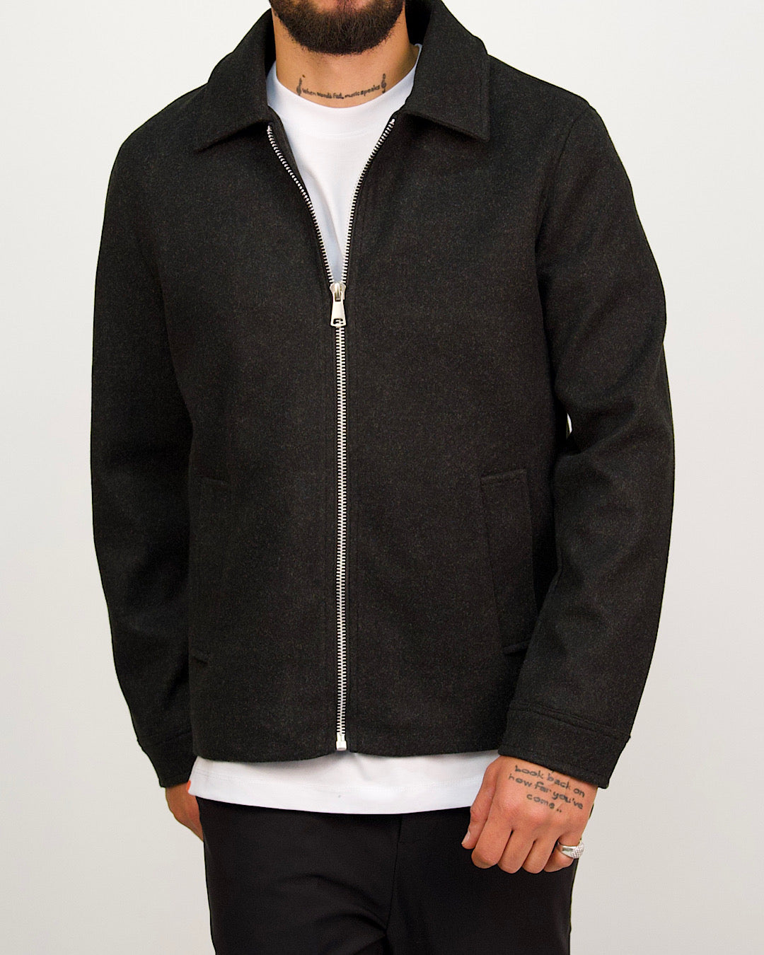 Textured Black Wool-Look Zip Up Jacket