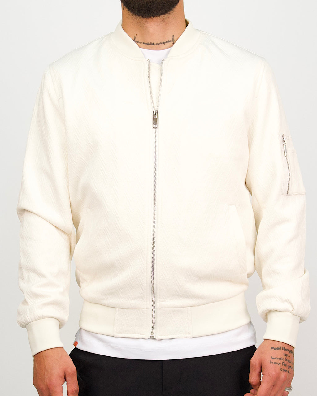 Off-White Patterned Zip Up Bomber