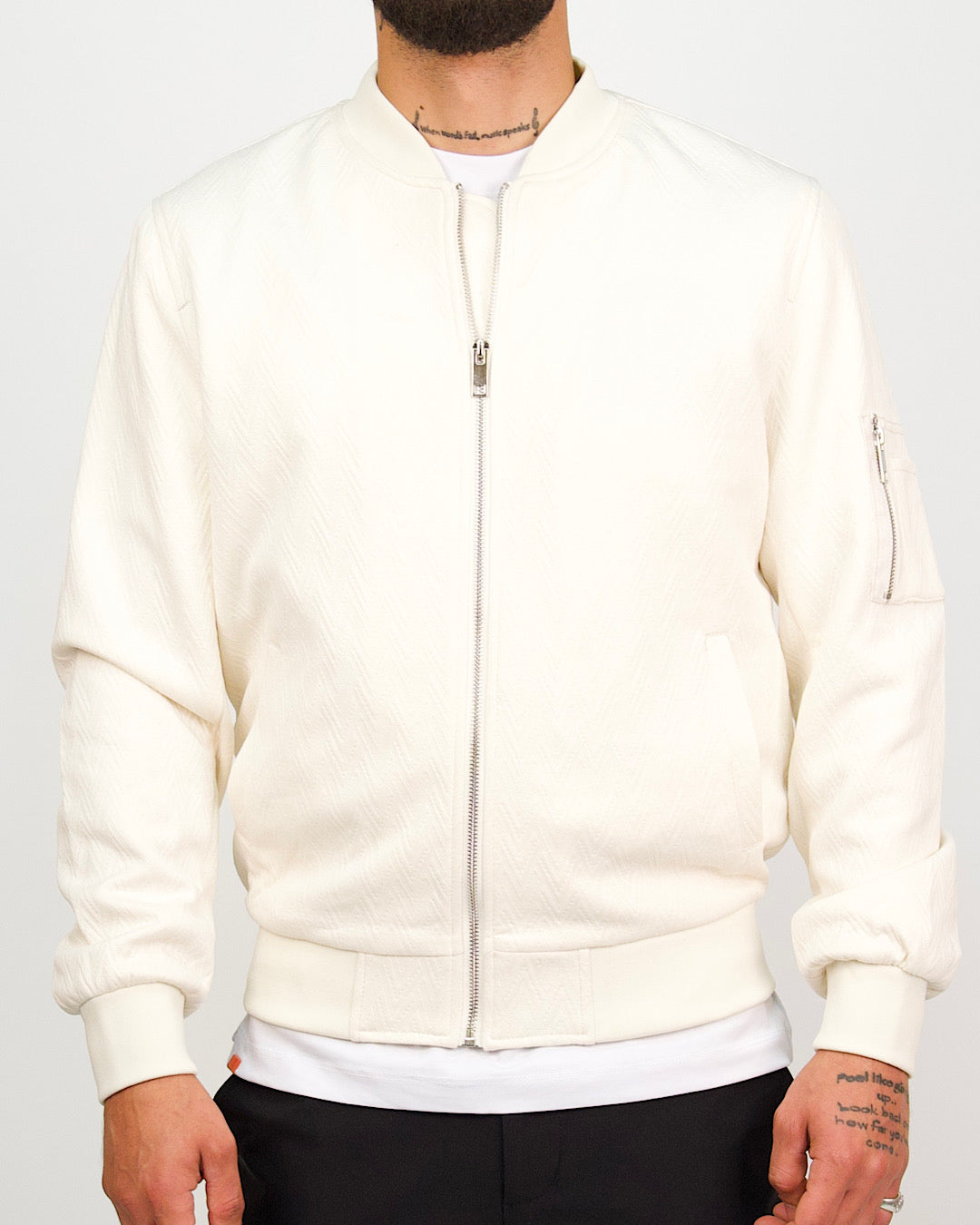 Off-White Patterned Zip Up Bomber