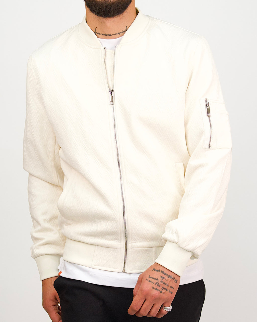 Off-White Patterned Zip Up Bomber