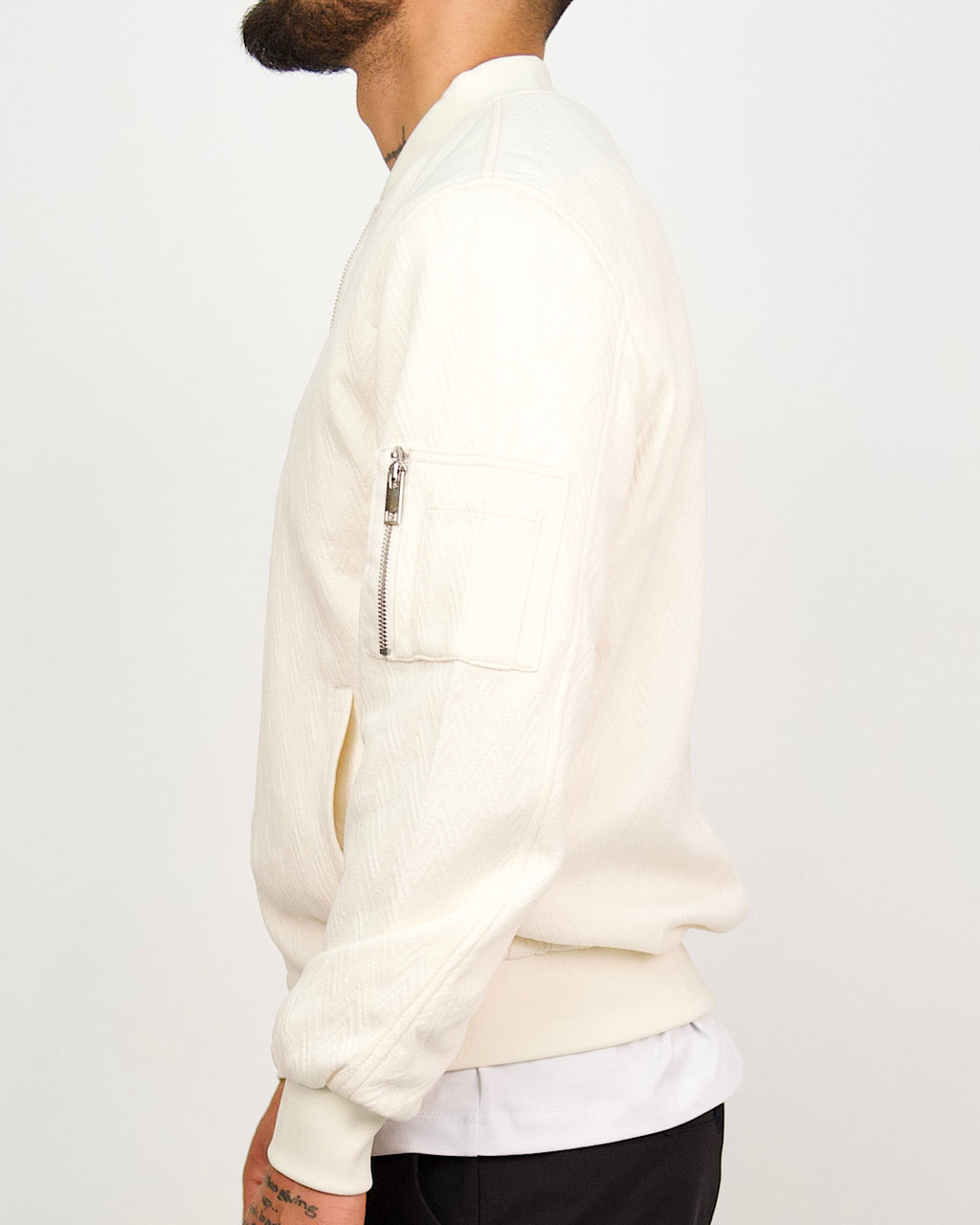 Off-White Patterned Zip Up Bomber