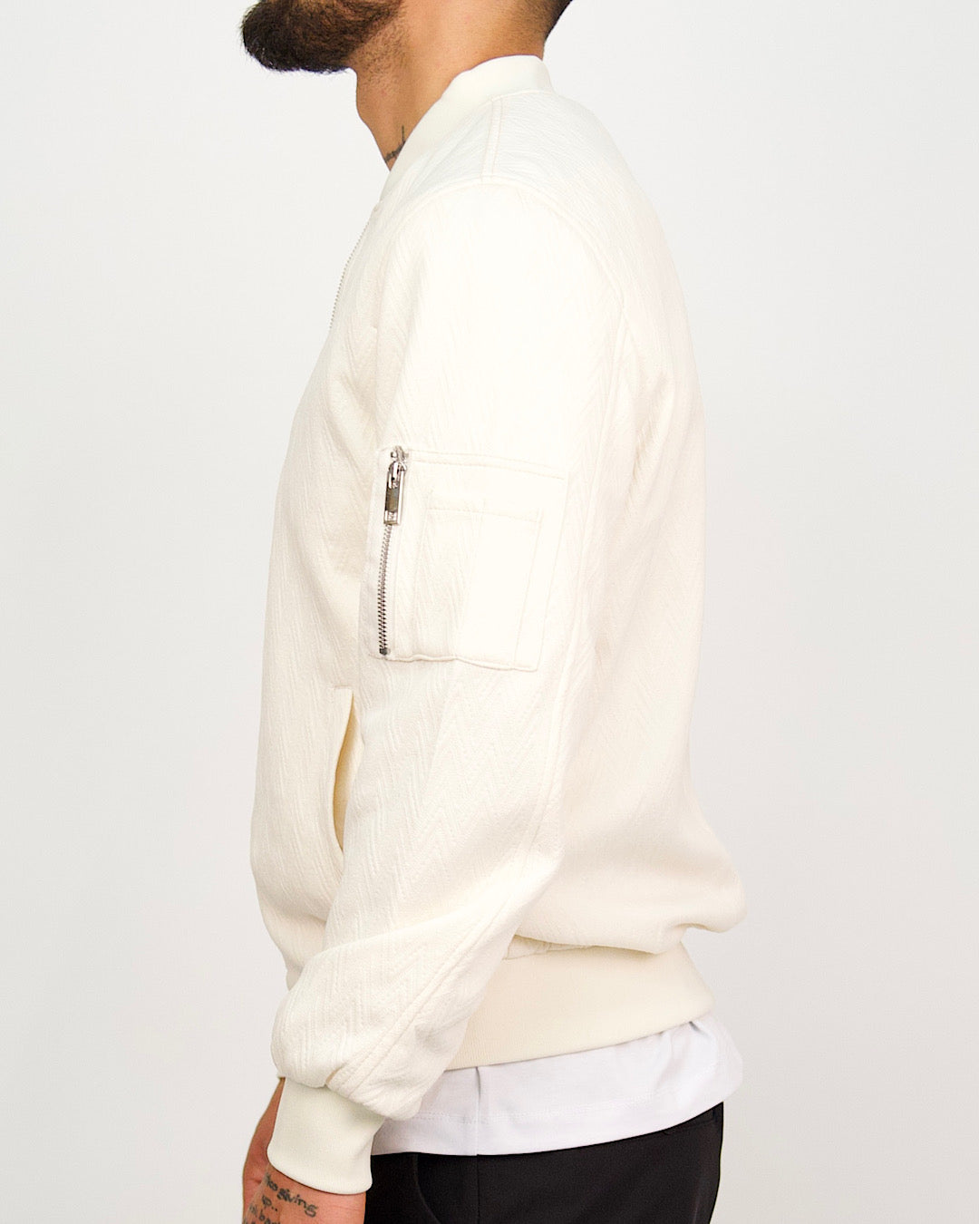 Off-White Patterned Zip Up Bomber