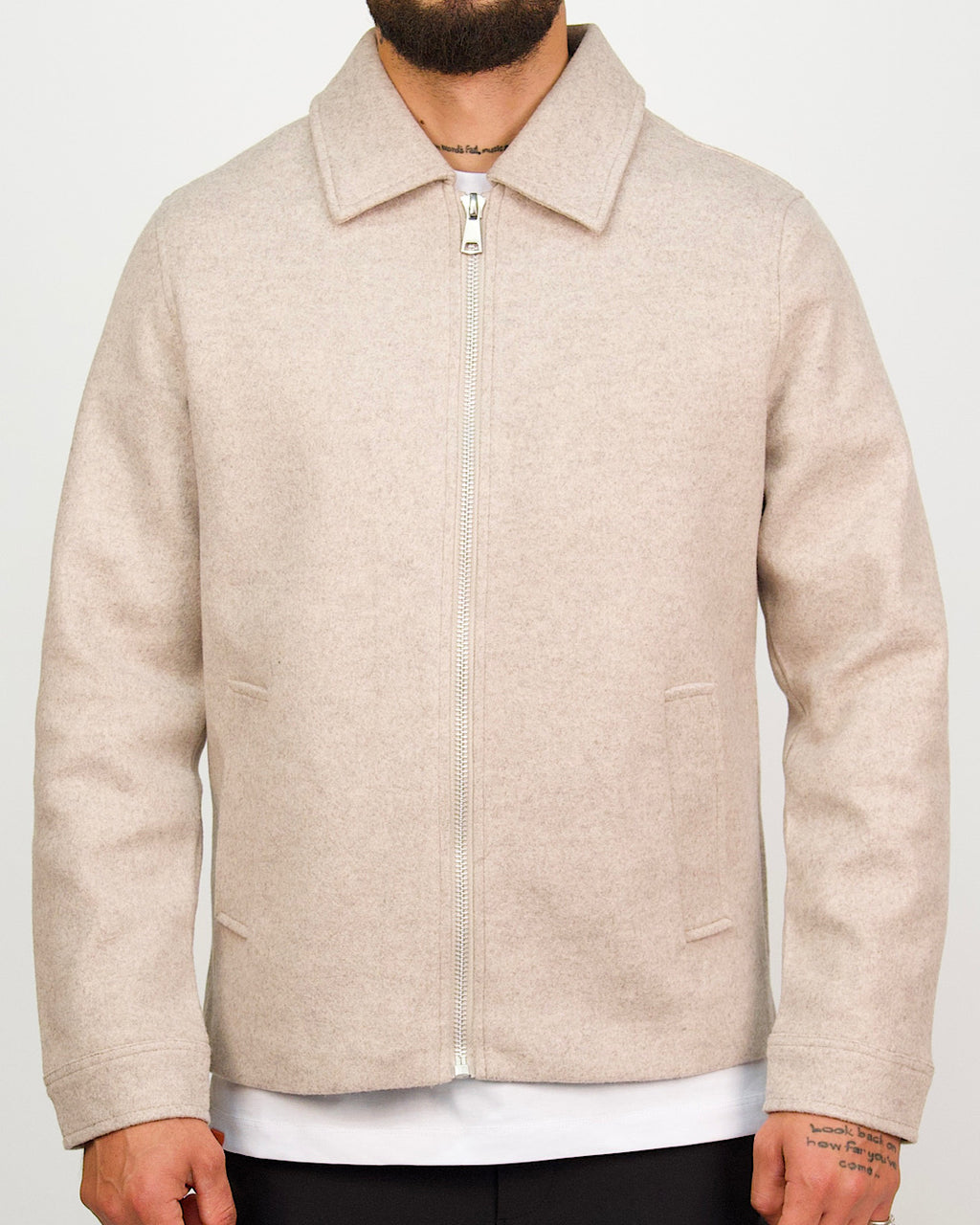 Textured Beige Wool-Look Zip Up Jacket