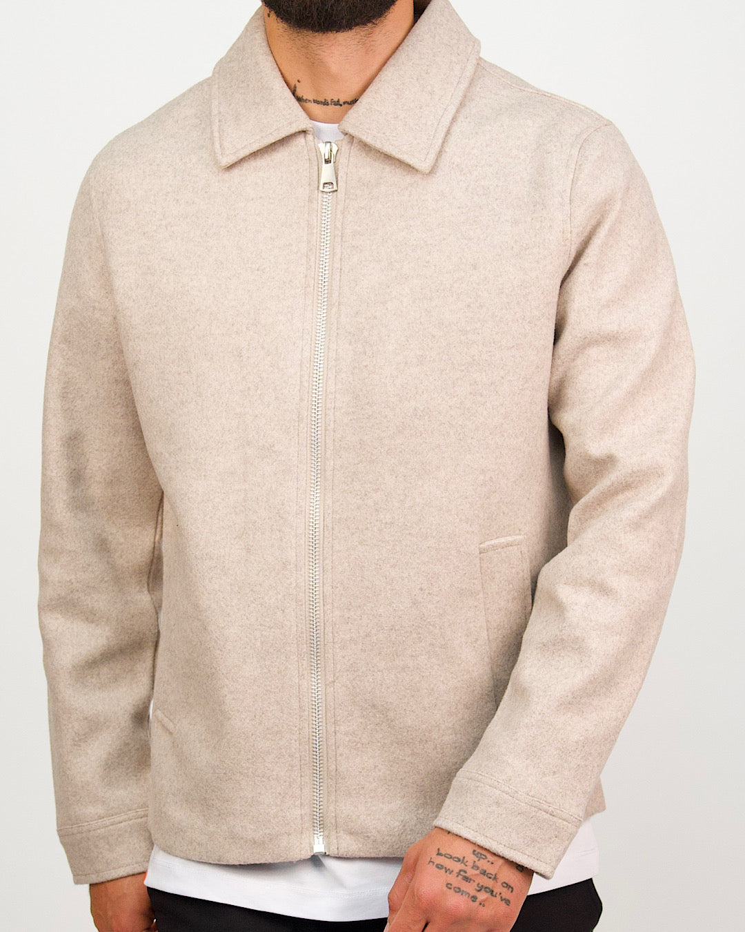 Textured Beige Wool-Look Zip Up Jacket