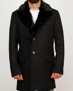 Single Breasted Overcoat With Removeable Fur Collar Black