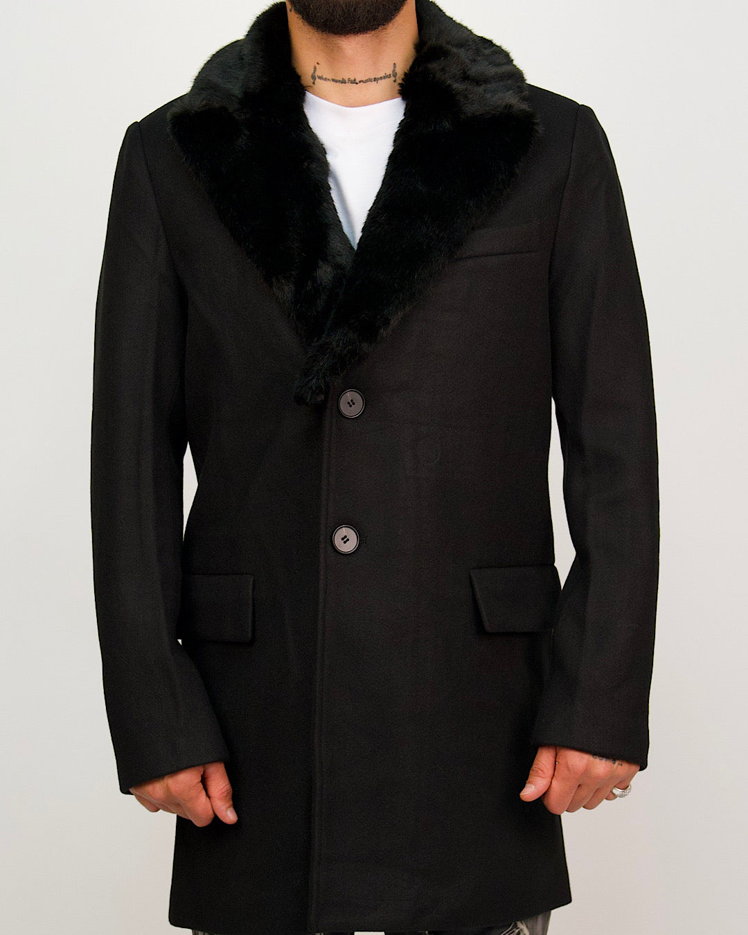 Single Breasted Overcoat With Removeable Fur Collar Black