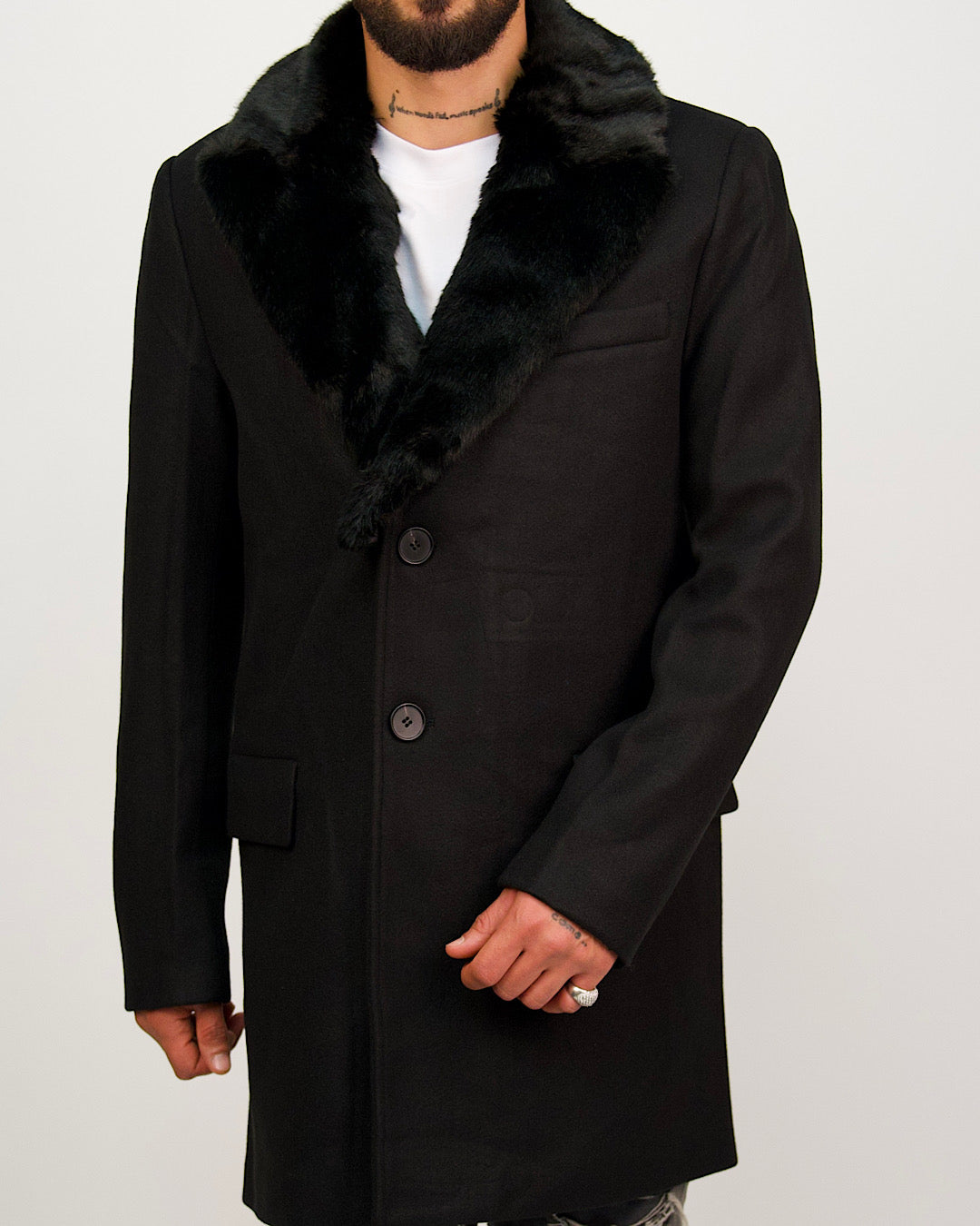 Single Breasted Overcoat With Removeable Fur Collar Black