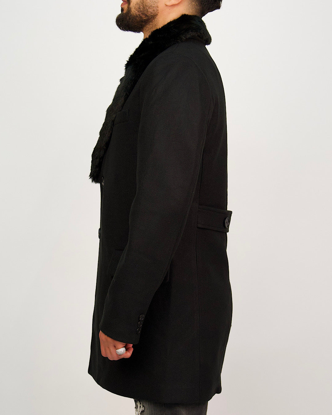 Single Breasted Overcoat With Removeable Fur Collar Black