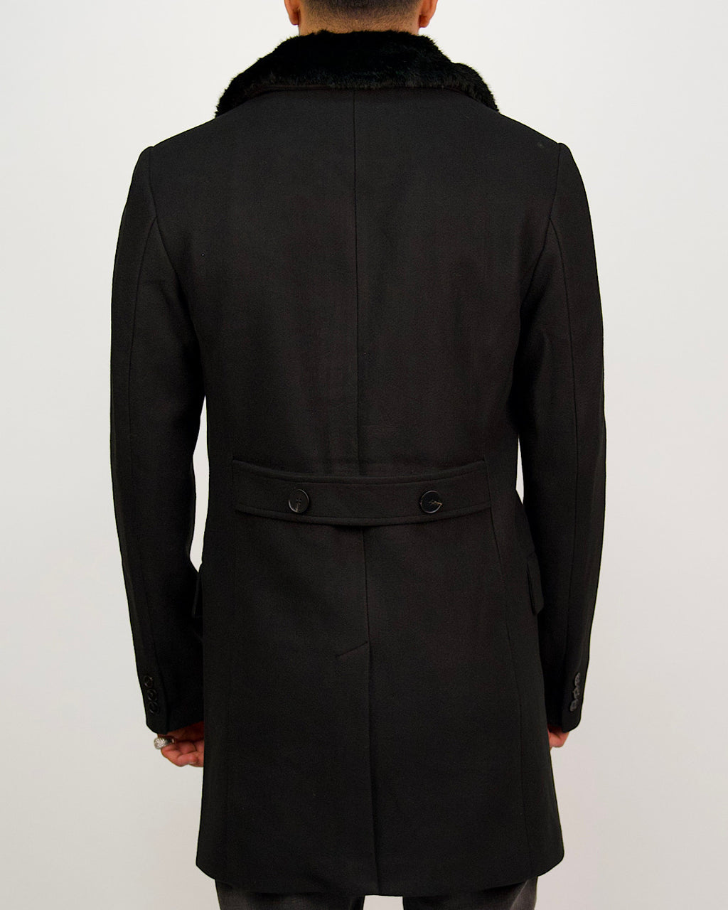 Single Breasted Overcoat With Removeable Fur Collar Black