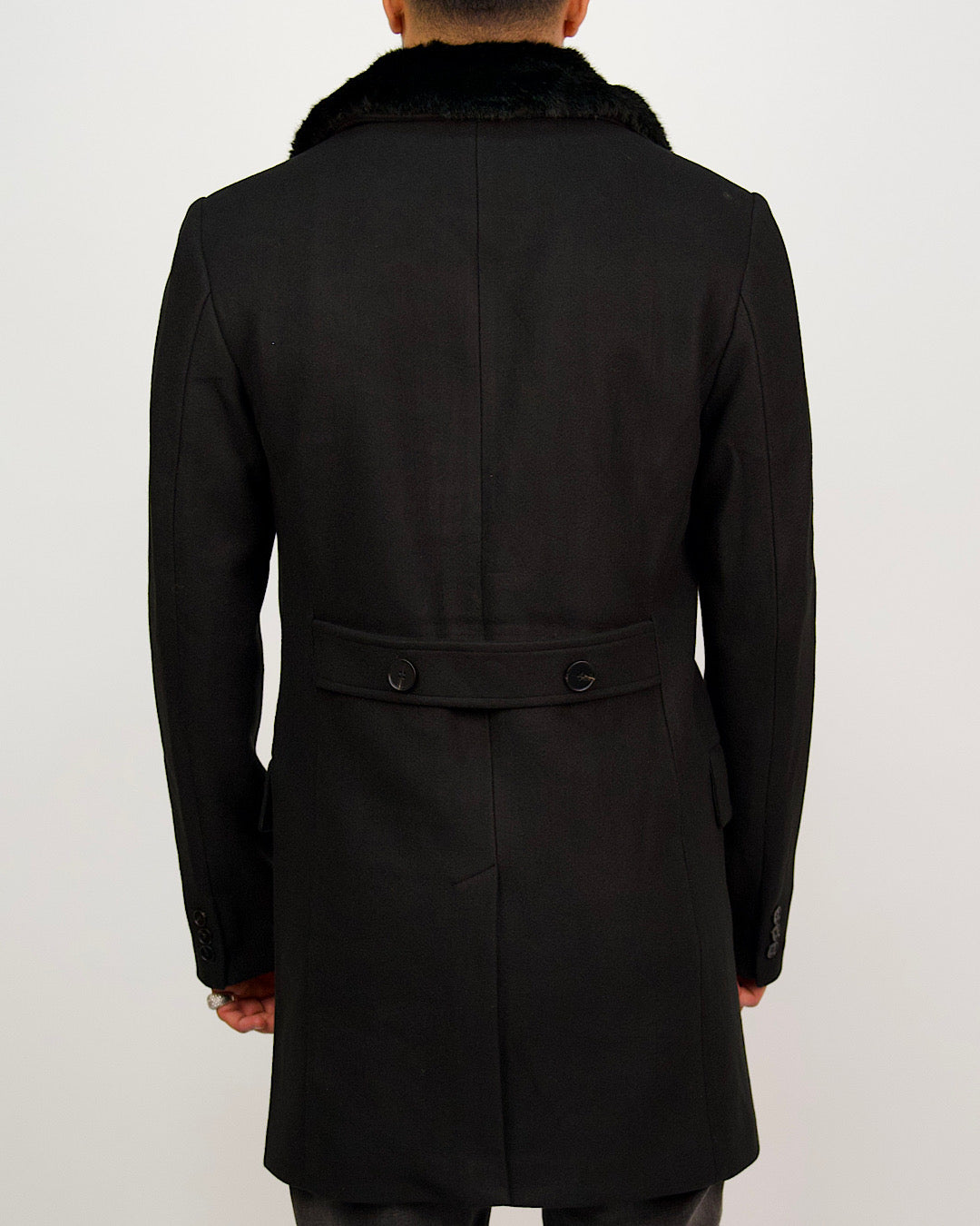 Single Breasted Overcoat With Removeable Fur Collar Black