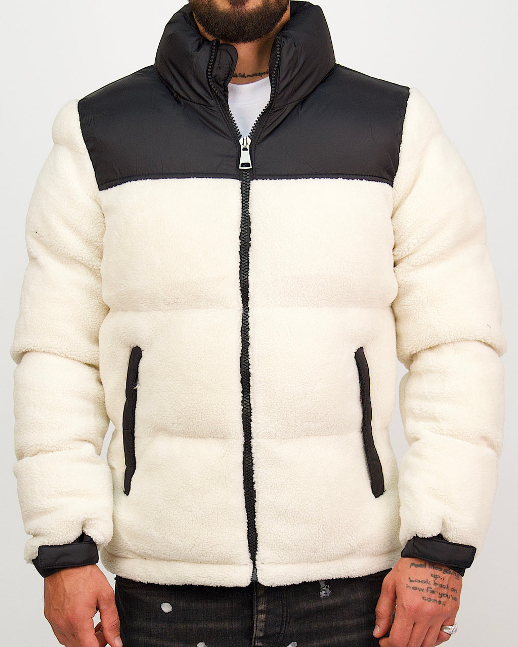 Black Contrast Panel Fleece Puffer Coat